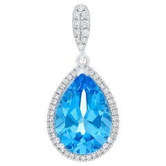 Swiss Blue Topaz and Diamond Studded Pendant in 18k Whtie Gold