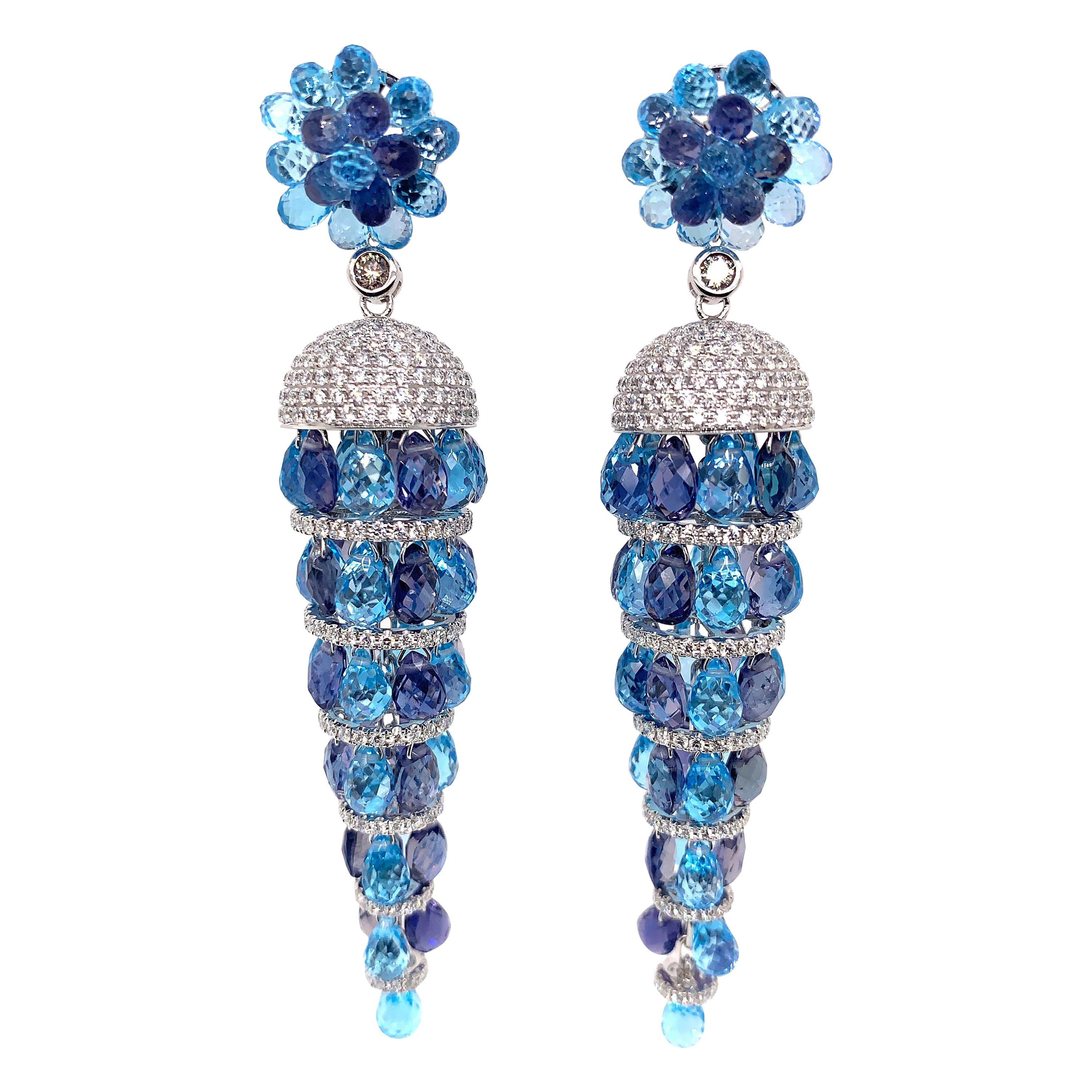 Swiss Blue Topaz and Iolite Earring in 18 Karat White Gold with Diamonds For Sale