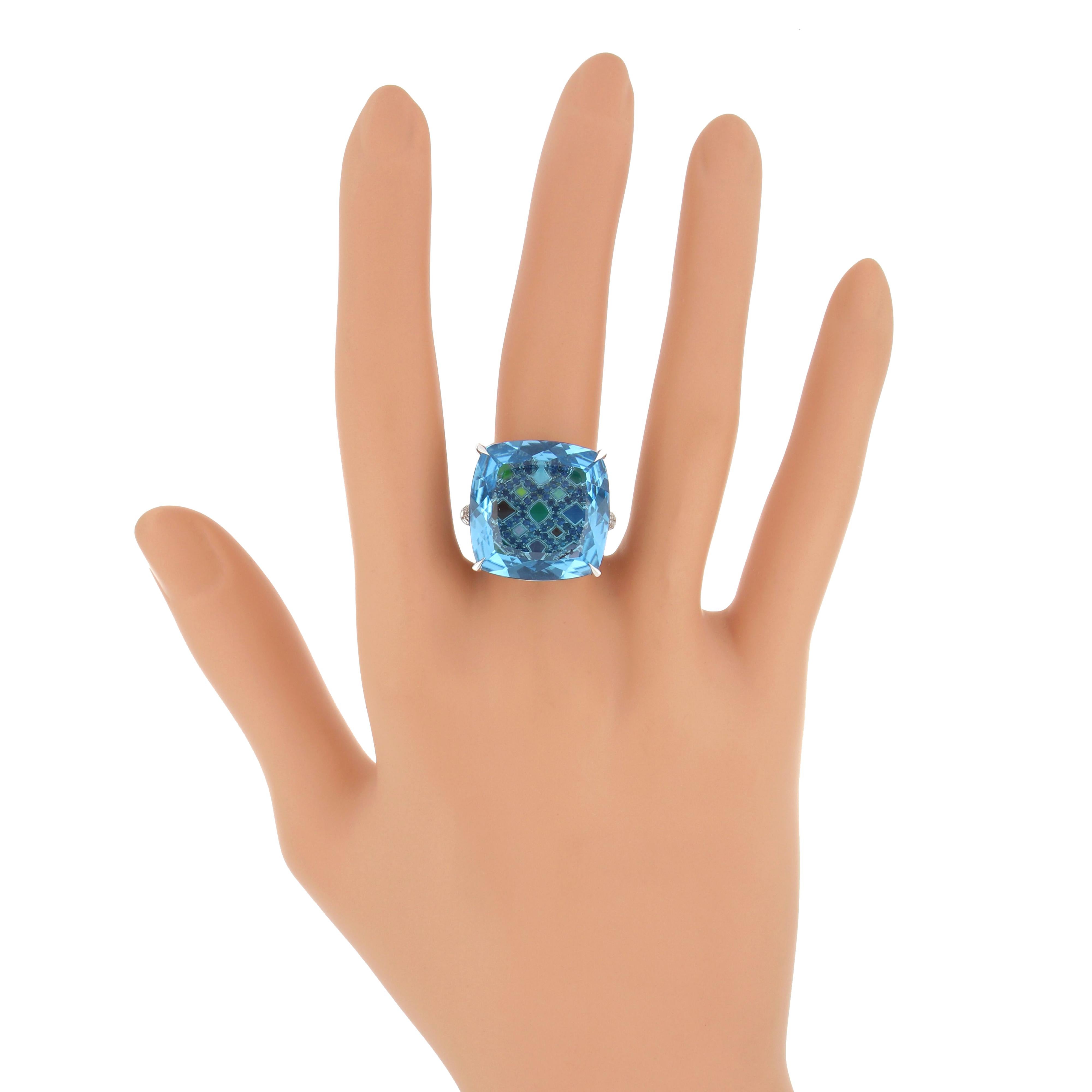 Swiss Blue Topaz, Blue Sapphire and Diamond Studded Ring in 14 Karat White Gold 2