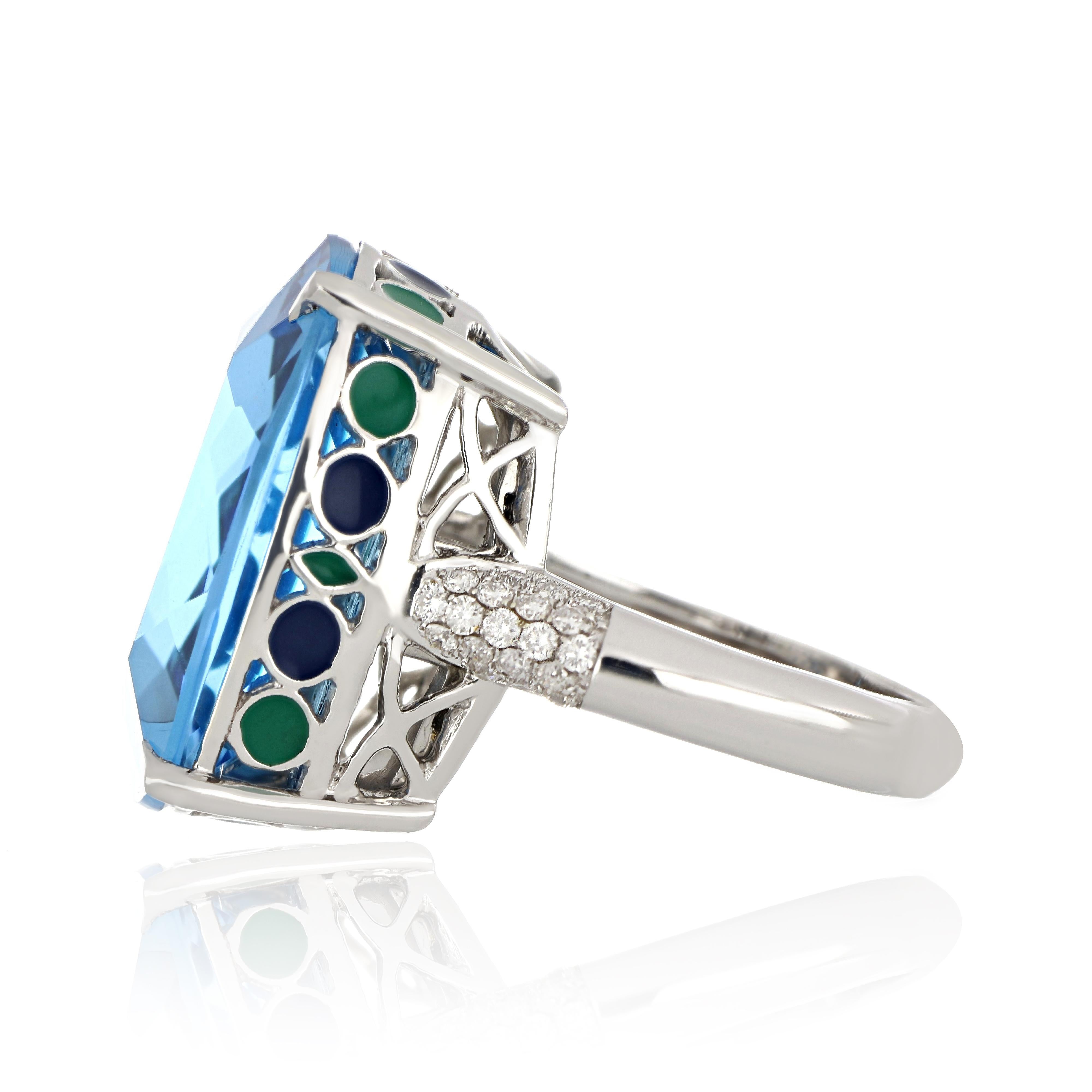 Contemporary Swiss Blue Topaz, Blue Sapphire and Diamond Studded Ring in 14 Karat White Gold