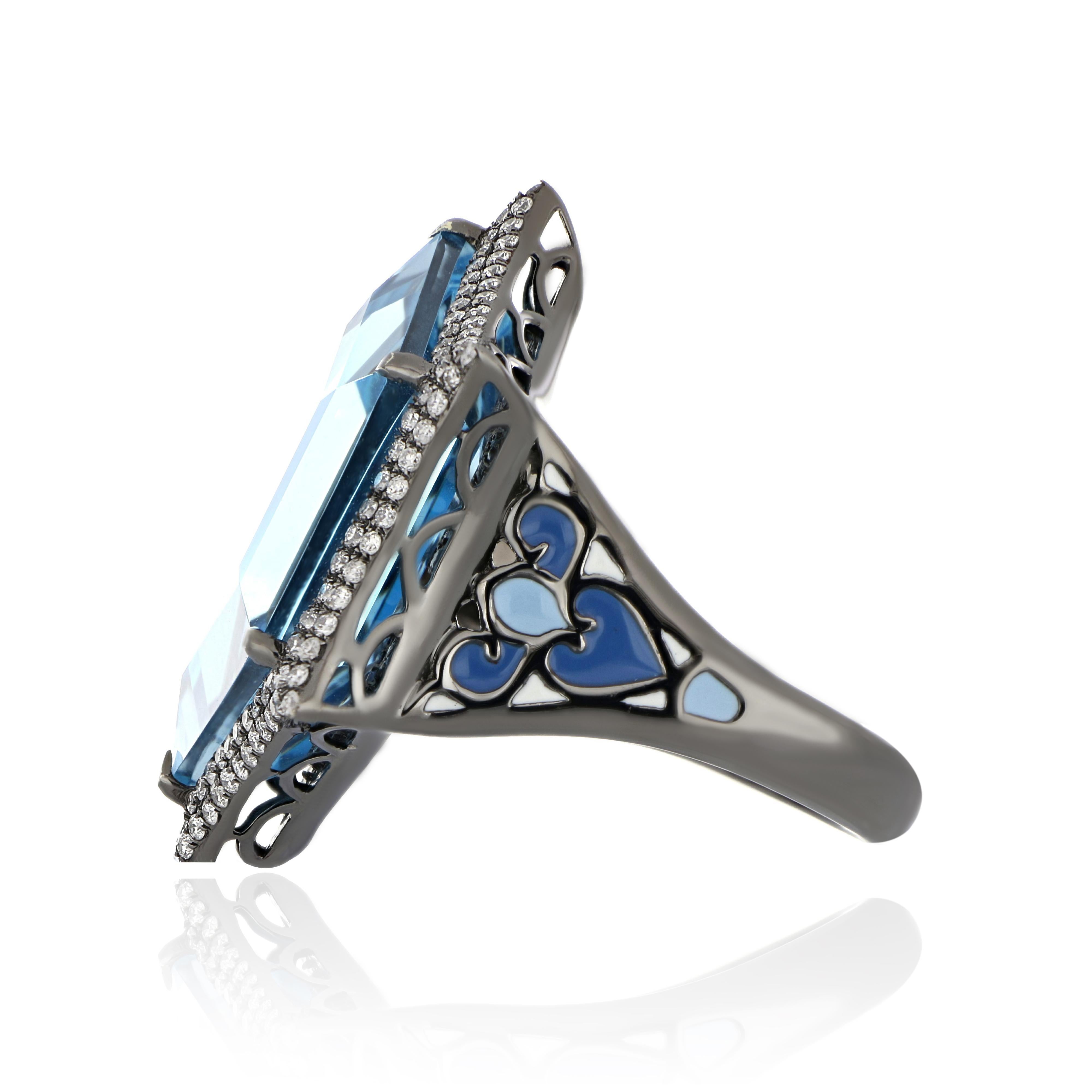 Contemporary Swiss Blue Topaz, Blue Sapphire and Diamond Studded Ring in 14 Karat White Gold For Sale