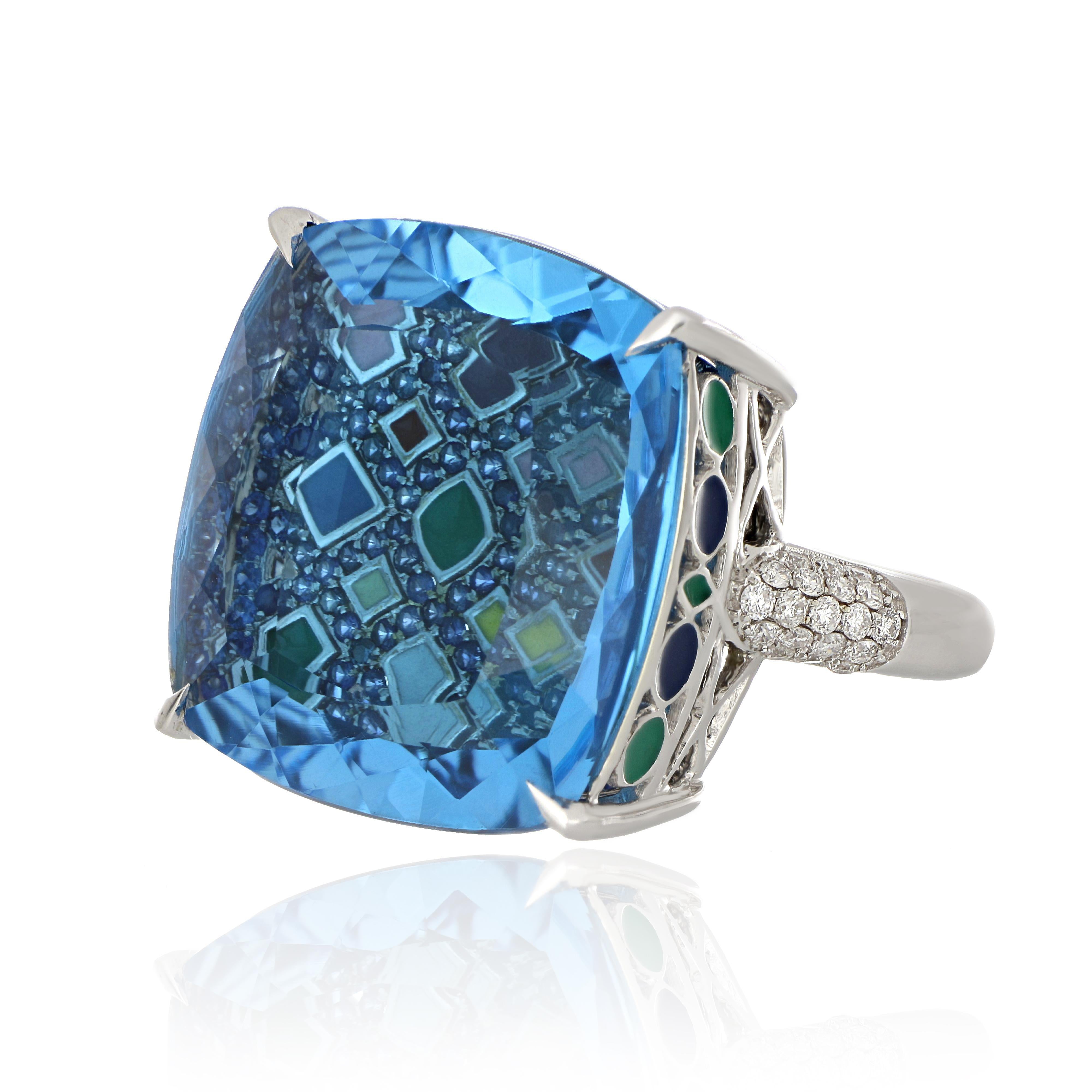 Cushion Cut Swiss Blue Topaz, Blue Sapphire and Diamond Studded Ring in 14 Karat White Gold