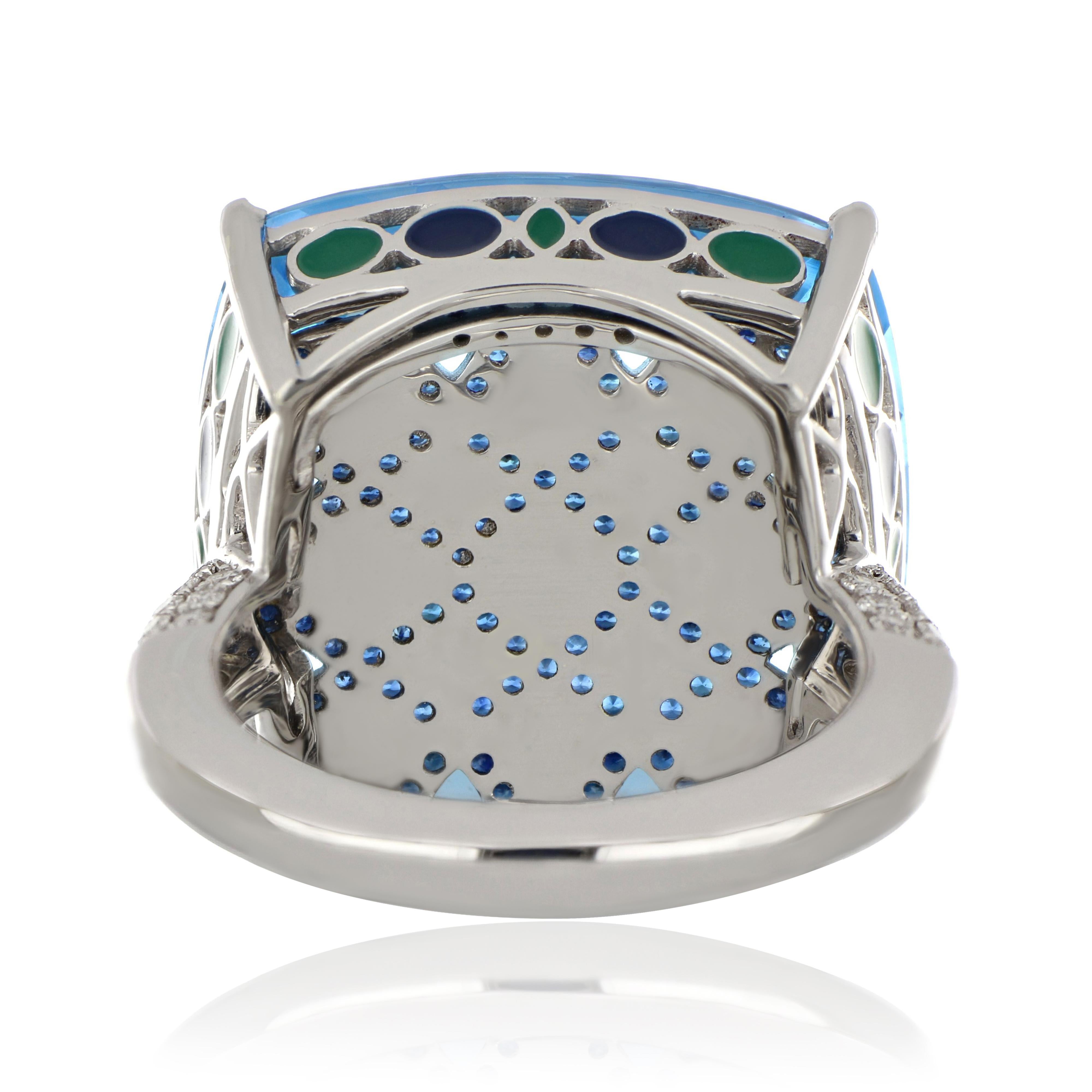 Swiss Blue Topaz, Blue Sapphire and Diamond Studded Ring in 14 Karat White Gold In New Condition In JAIPUR, IN