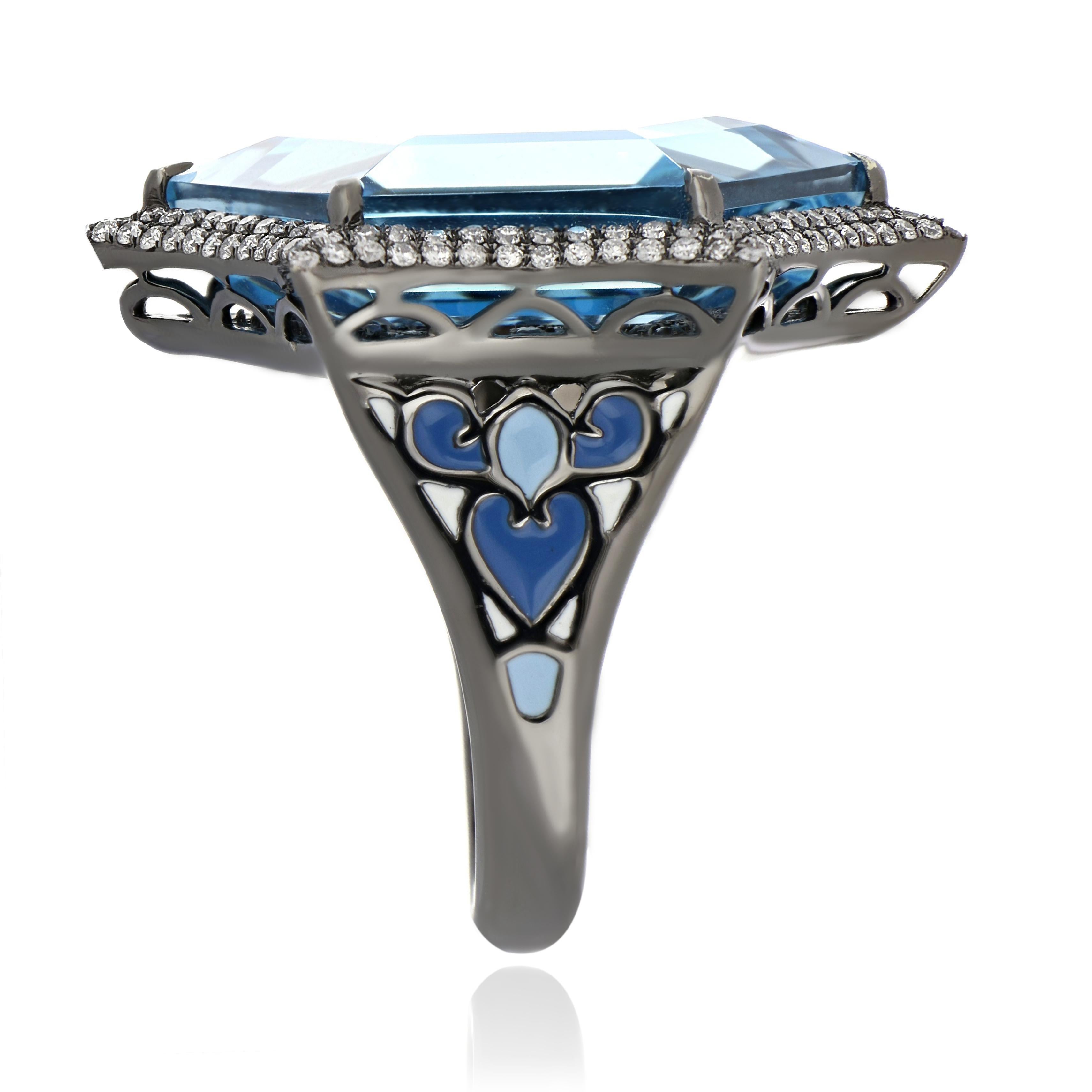 Swiss Blue Topaz, Blue Sapphire and Diamond Studded Ring in 14 Karat White Gold In New Condition For Sale In JAIPUR, IN