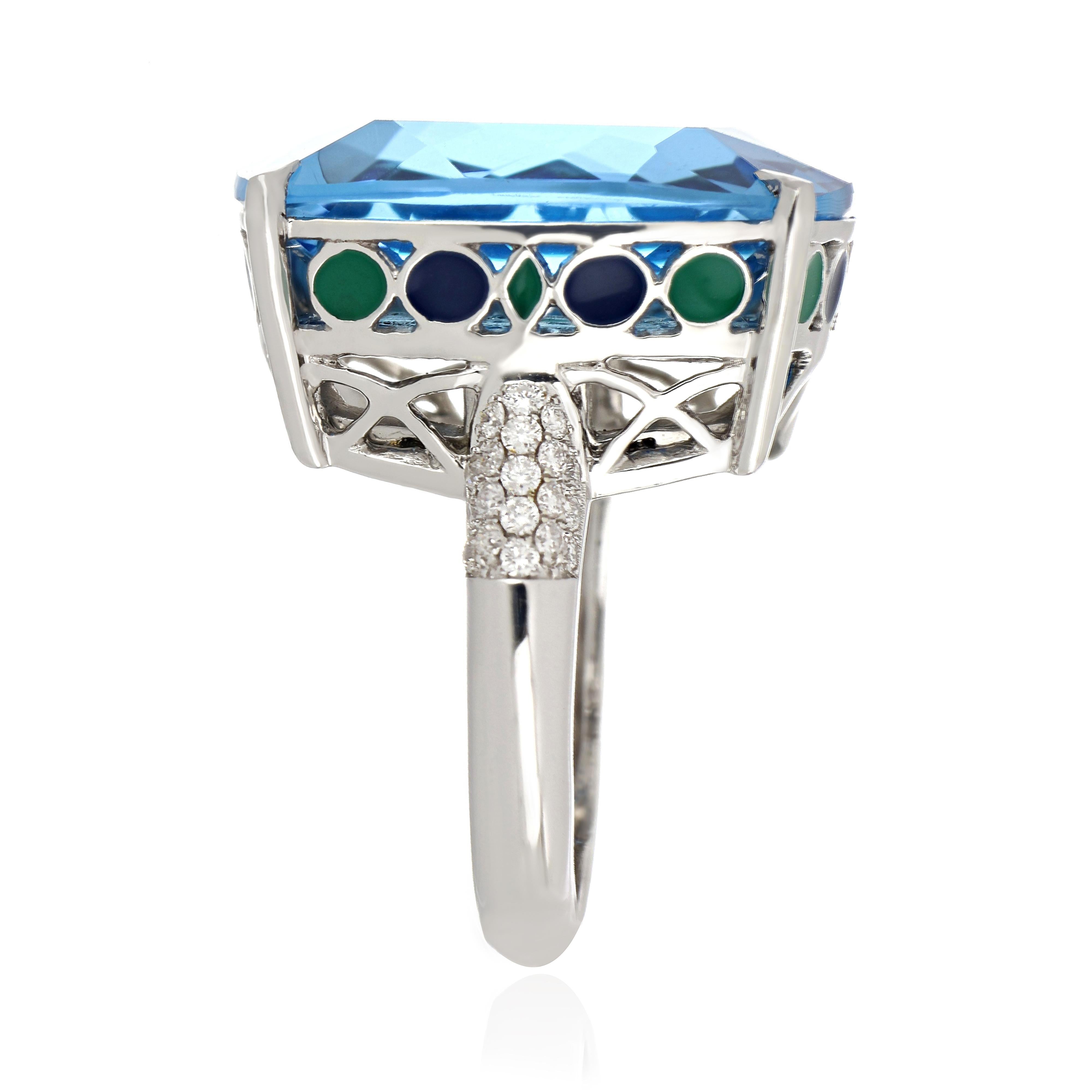 Women's Swiss Blue Topaz, Blue Sapphire and Diamond Studded Ring in 14 Karat White Gold
