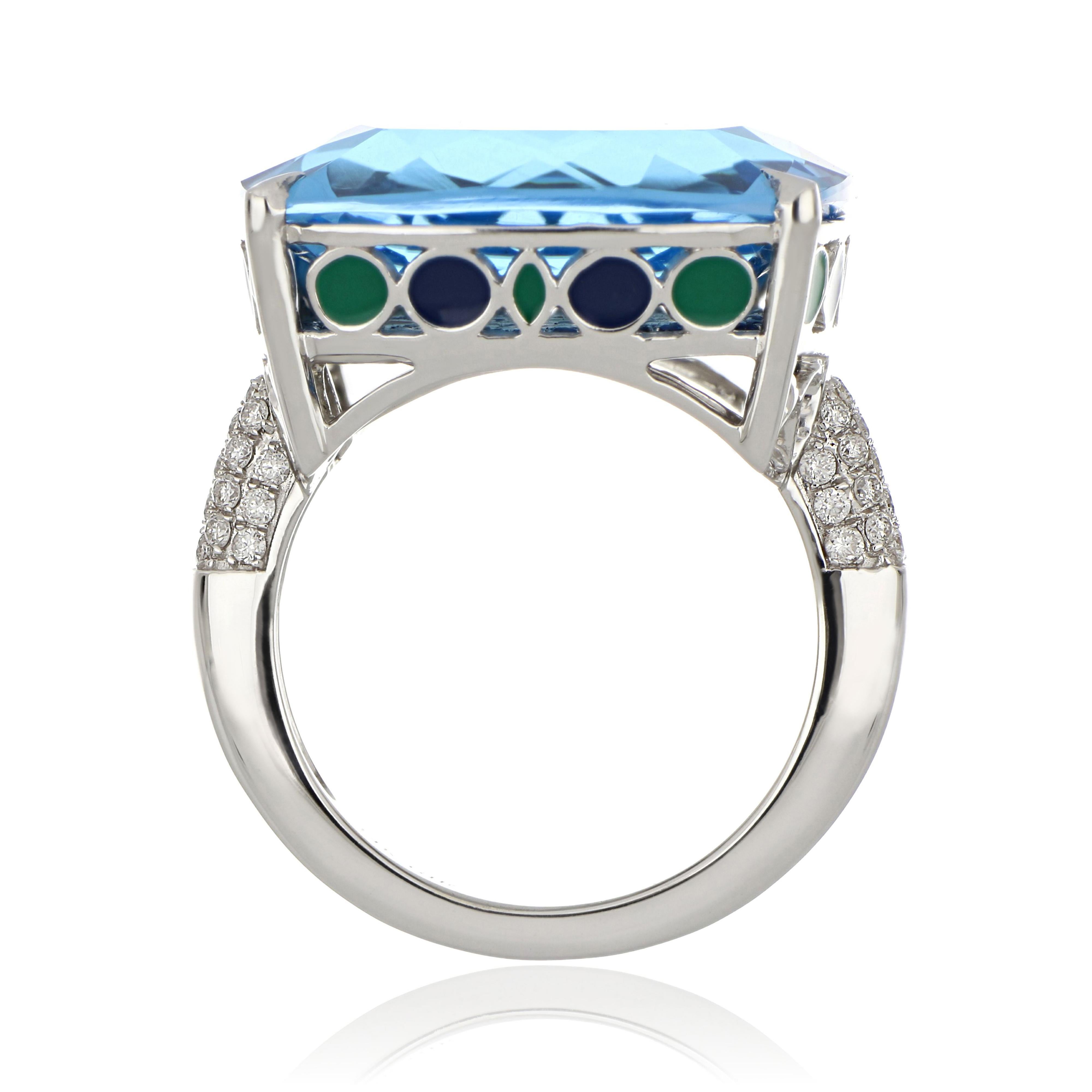 Swiss Blue Topaz, Blue Sapphire and Diamond Studded Ring in 14 Karat White Gold 1