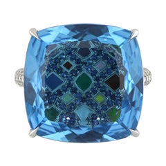 Swiss Blue Topaz, Blue Sapphire and Diamond Studded Ring in 14 Karat White Gold