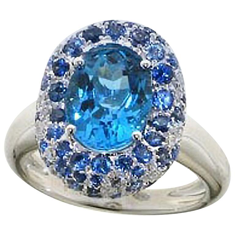 Swiss Blue Topaz Blue Sapphire Diamond 18 Karat White Gold Cocktail Ring For Sale