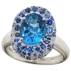 Swiss Blue Topaz Blue Sapphire Diamond 18 Karat White Gold Cocktail Ring