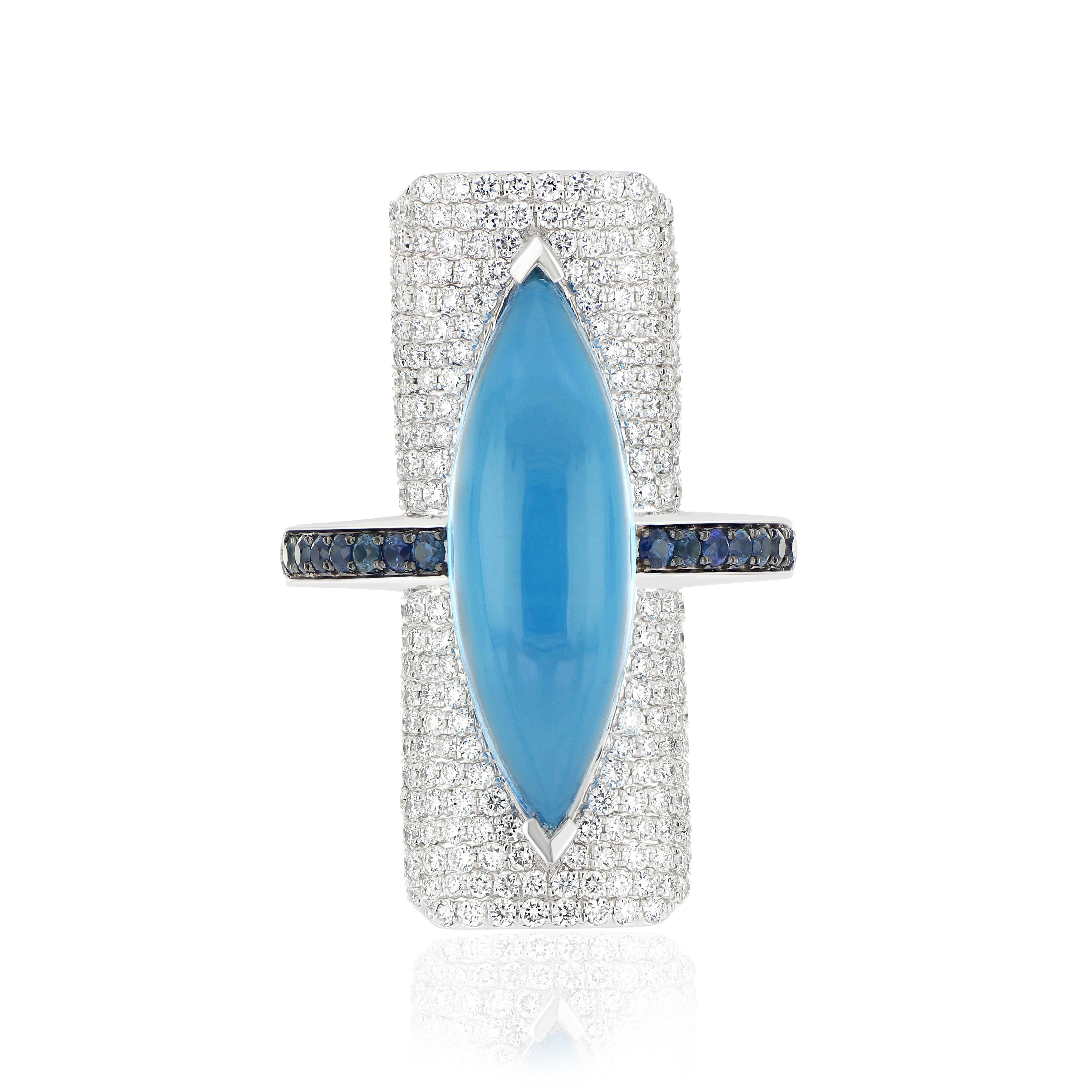 Schweizer Ring aus 14 Karat Weißgold mit blauem Topas, blauem Saphir und Diamant, handgefertigt (Moderne) im Angebot