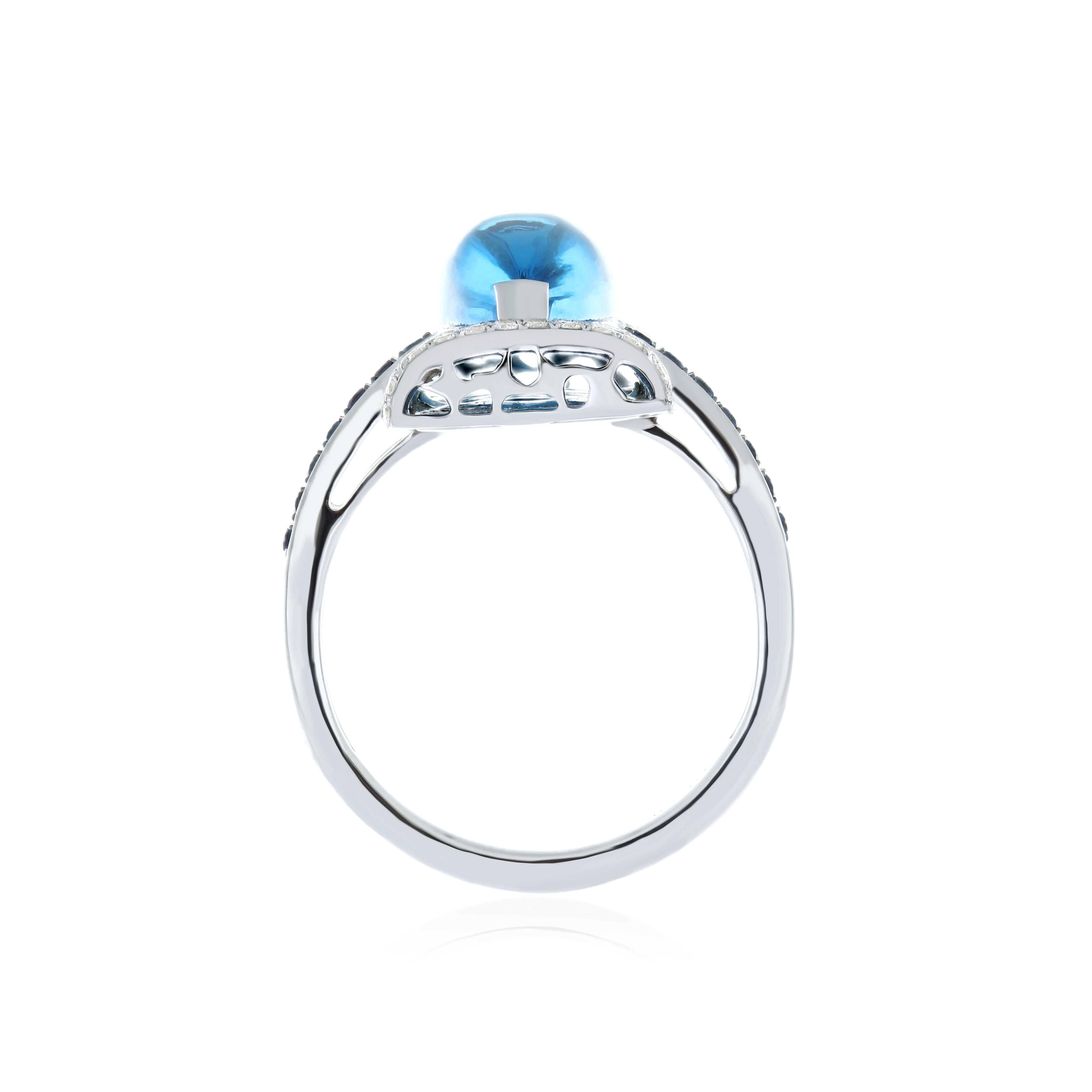 Schweizer Ring aus 14 Karat Weißgold mit blauem Topas, blauem Saphir und Diamant, handgefertigt Damen im Angebot