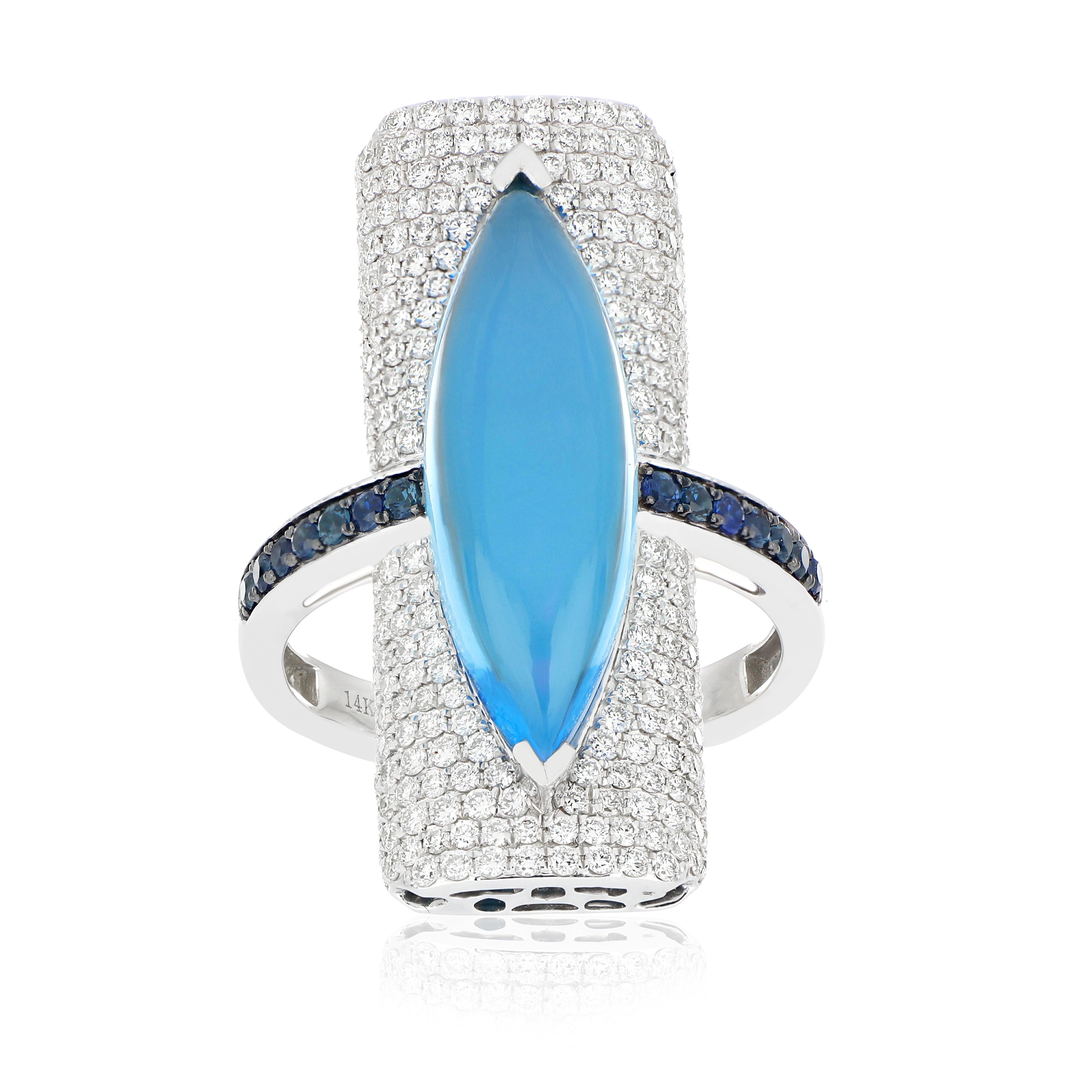 Schweizer Ring aus 14 Karat Weißgold mit blauem Topas, blauem Saphir und Diamant, handgefertigt im Angebot 2