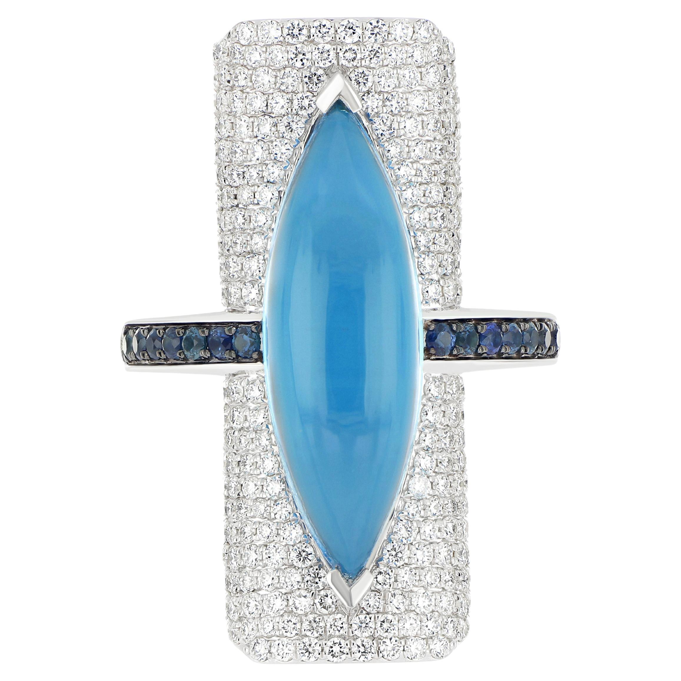 Schweizer Ring aus 14 Karat Weißgold mit blauem Topas, blauem Saphir und Diamant, handgefertigt