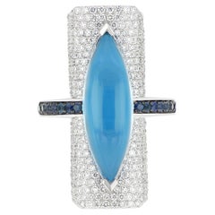 Swiss Blue Topaz, Blue Sapphire & Diamond Ring in 14K White Gold HandCraft Ring