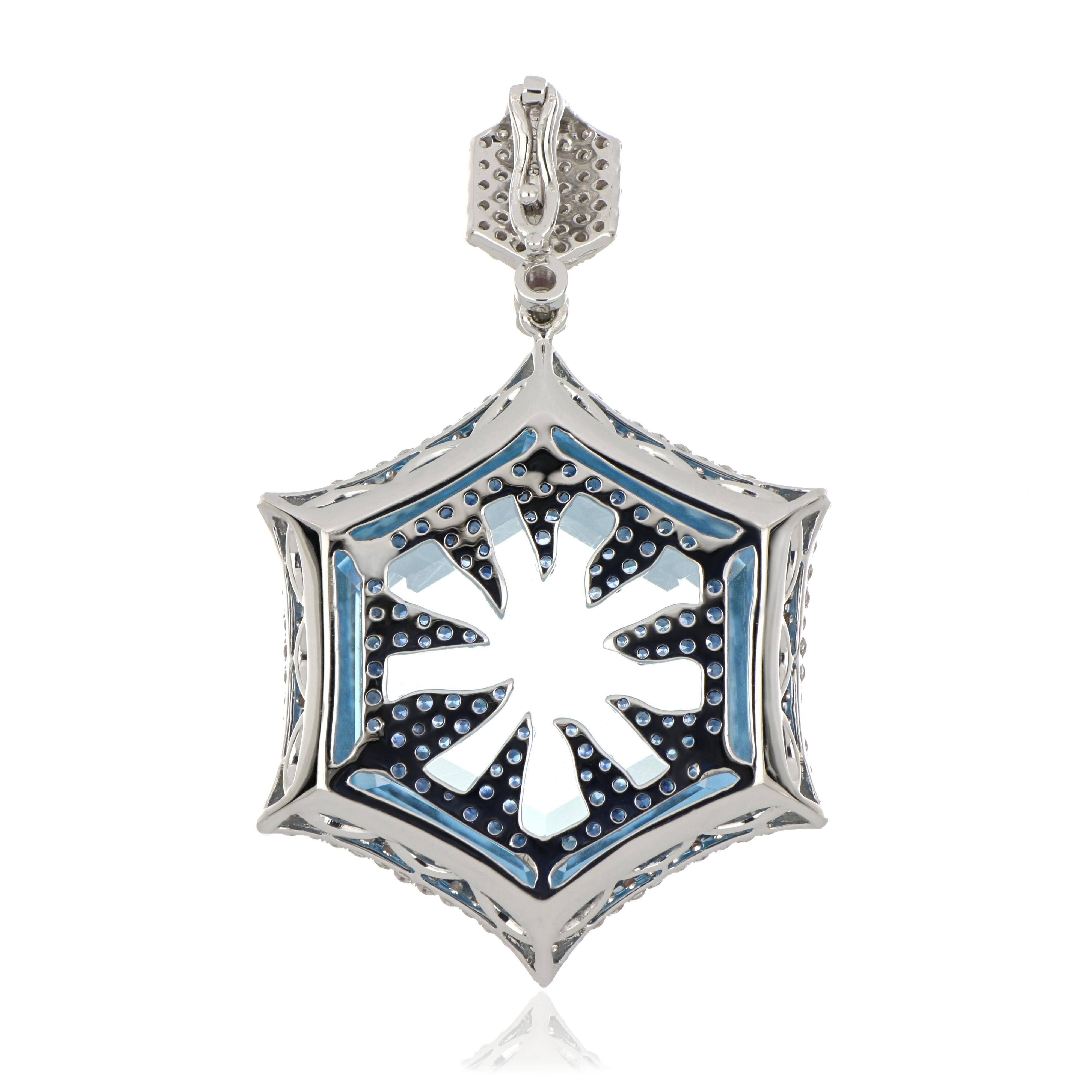 Contemporary Swiss Blue Topaz, Blue Sapphire & Diamond Studded Pendant in 14 Karat White Gold For Sale