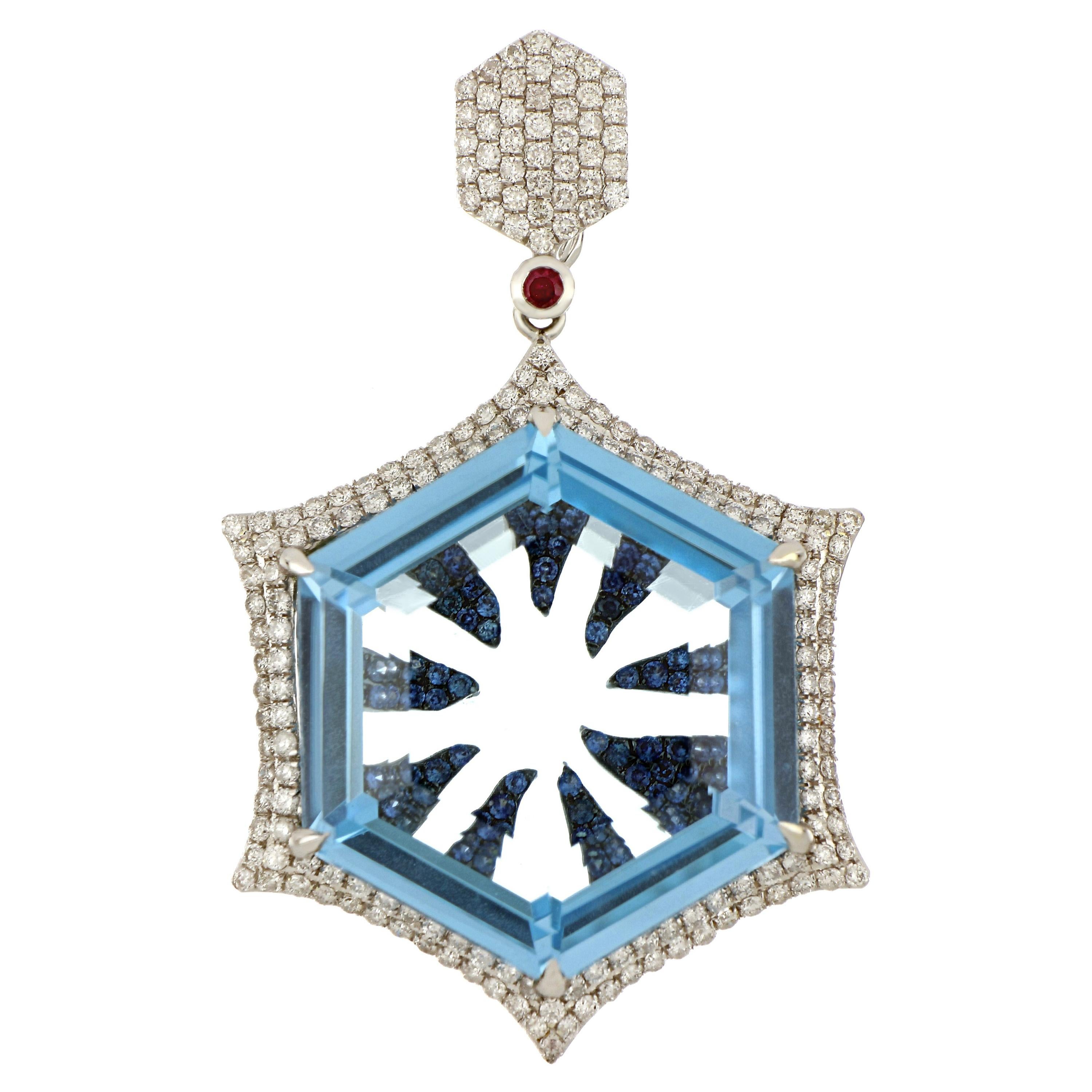 Swiss Blue Topaz, Blue Sapphire & Diamond Studded Pendant in 14 Karat White Gold For Sale