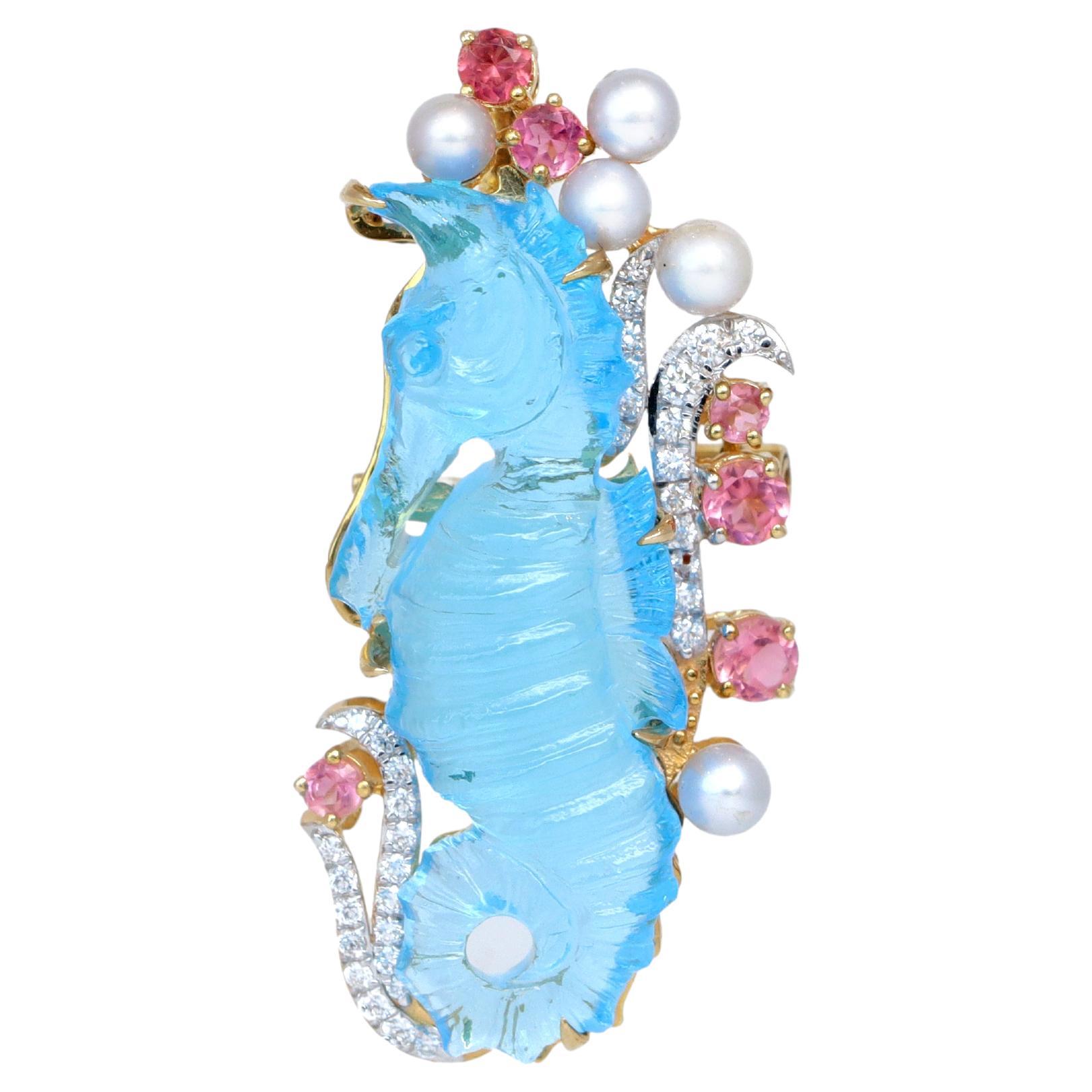 Swiss Blue Topaz Carving Seahorse Brooch Pink Tourmaline And Pearl Brooch