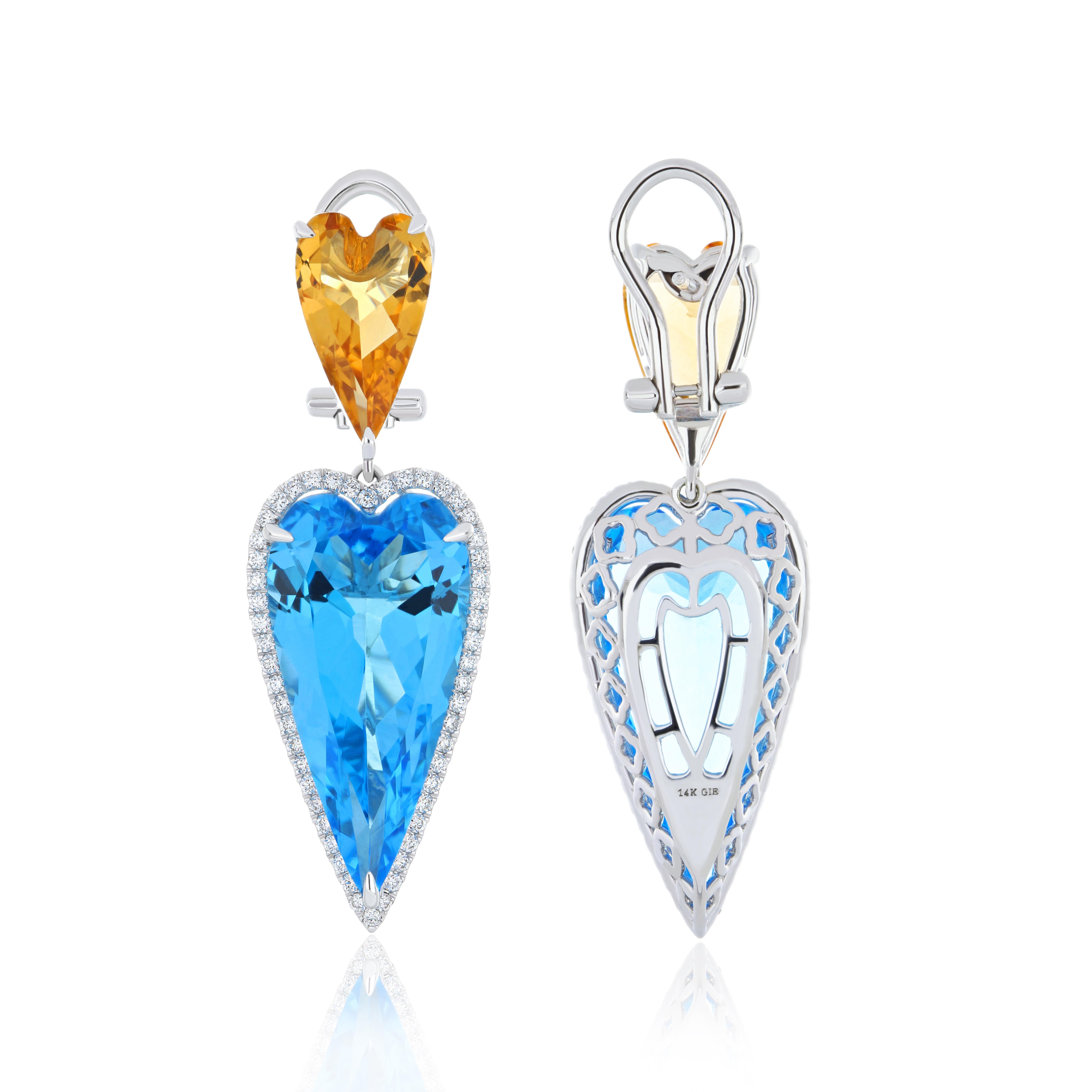 Taille cœur Boucles d'oreilles en or blanc 14k avec topaze bleue, citrine et diamant pour la Saint-Valentin en vente