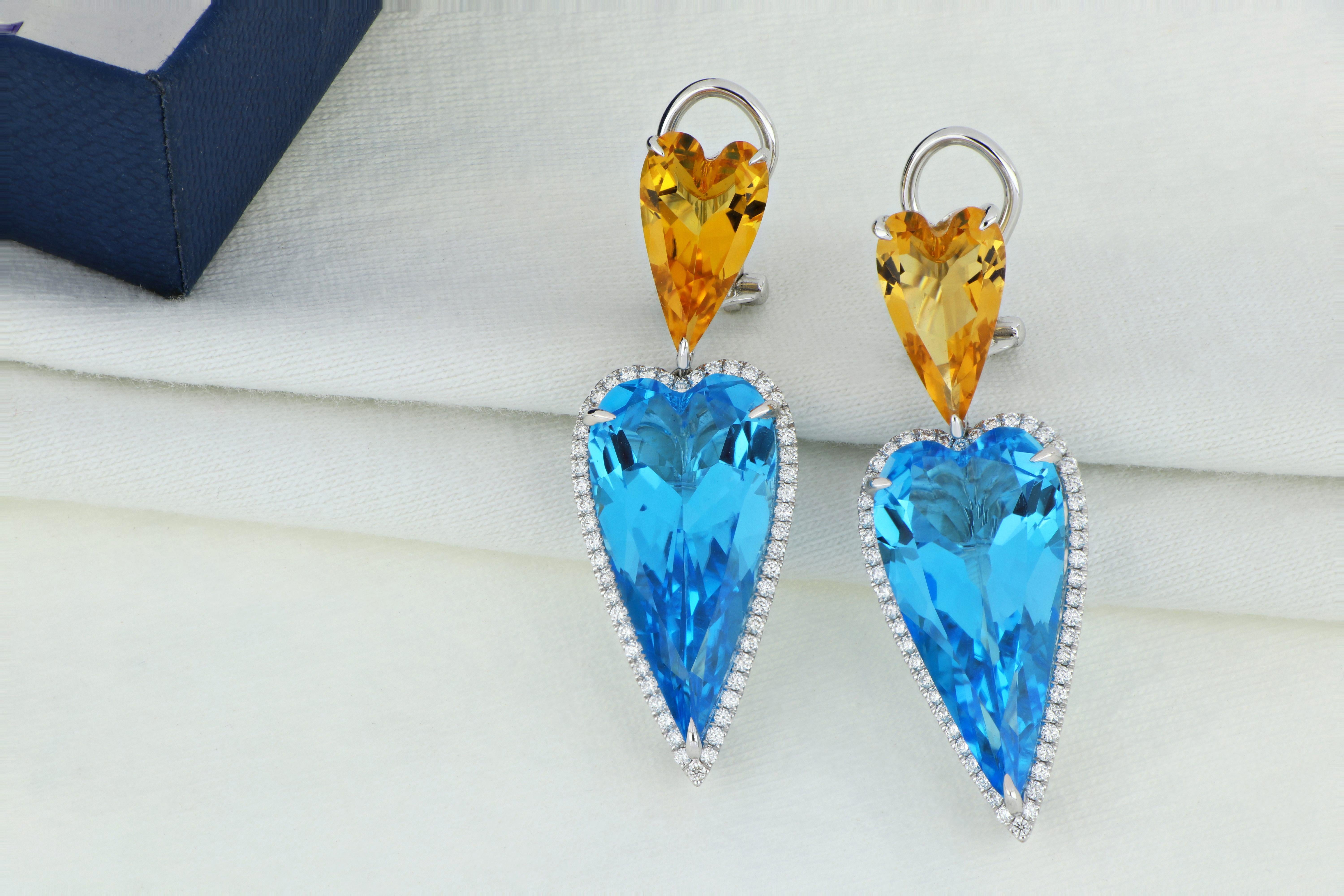 Boucles d'oreilles en or blanc 14k avec topaze bleue, citrine et diamant pour la Saint-Valentin en vente 3