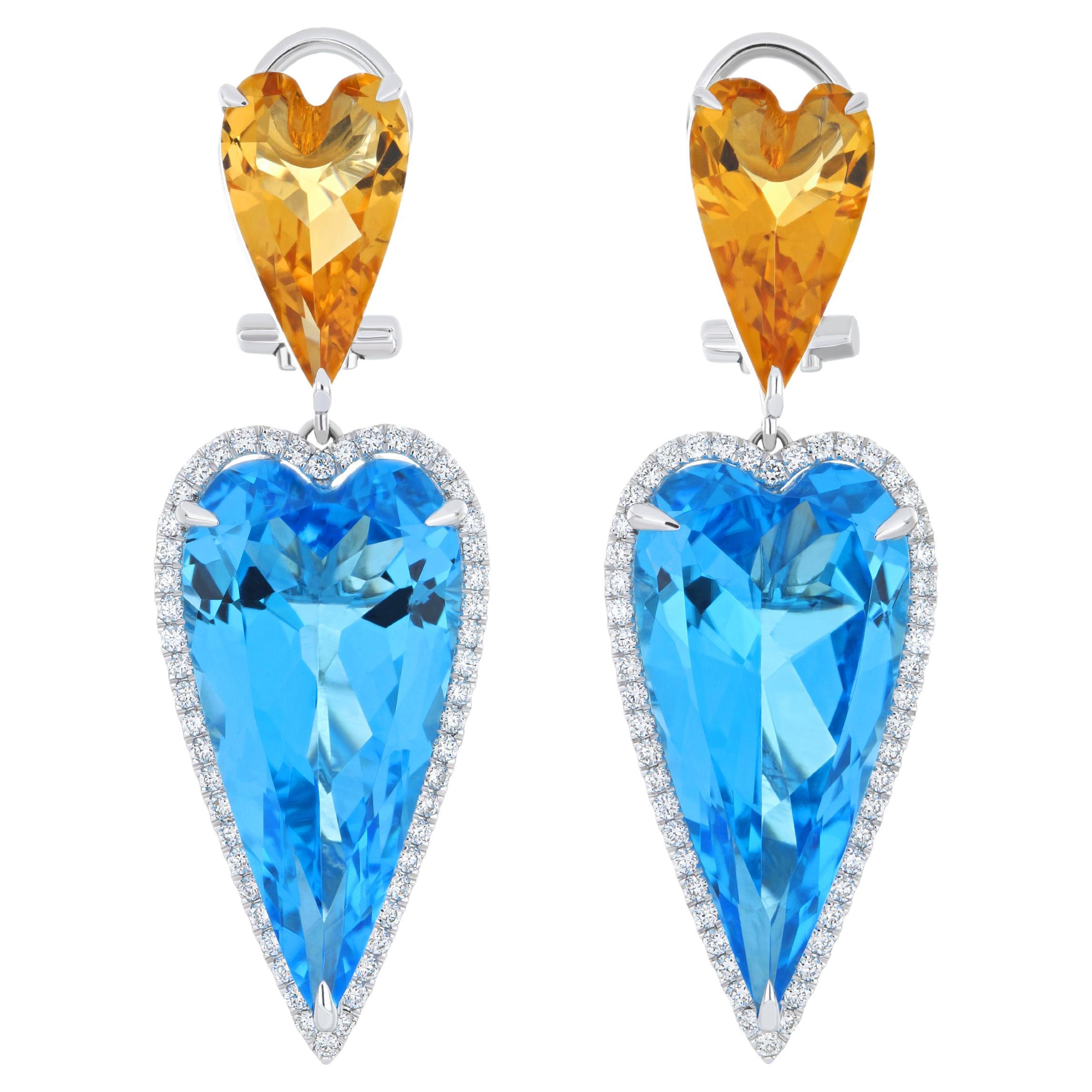 Boucles d'oreilles en or blanc 14k avec topaze bleue, citrine et diamant pour la Saint-Valentin