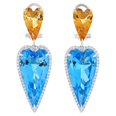 Schweizer Ohrring aus 14k Weißgold mit blauem Topas, Citrin und Diamanten für Valentinsgeschenk