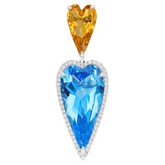 Swiss Blue Topaz, Citrine & Diamond Pendant in 14k White Gold for Valentine Gift