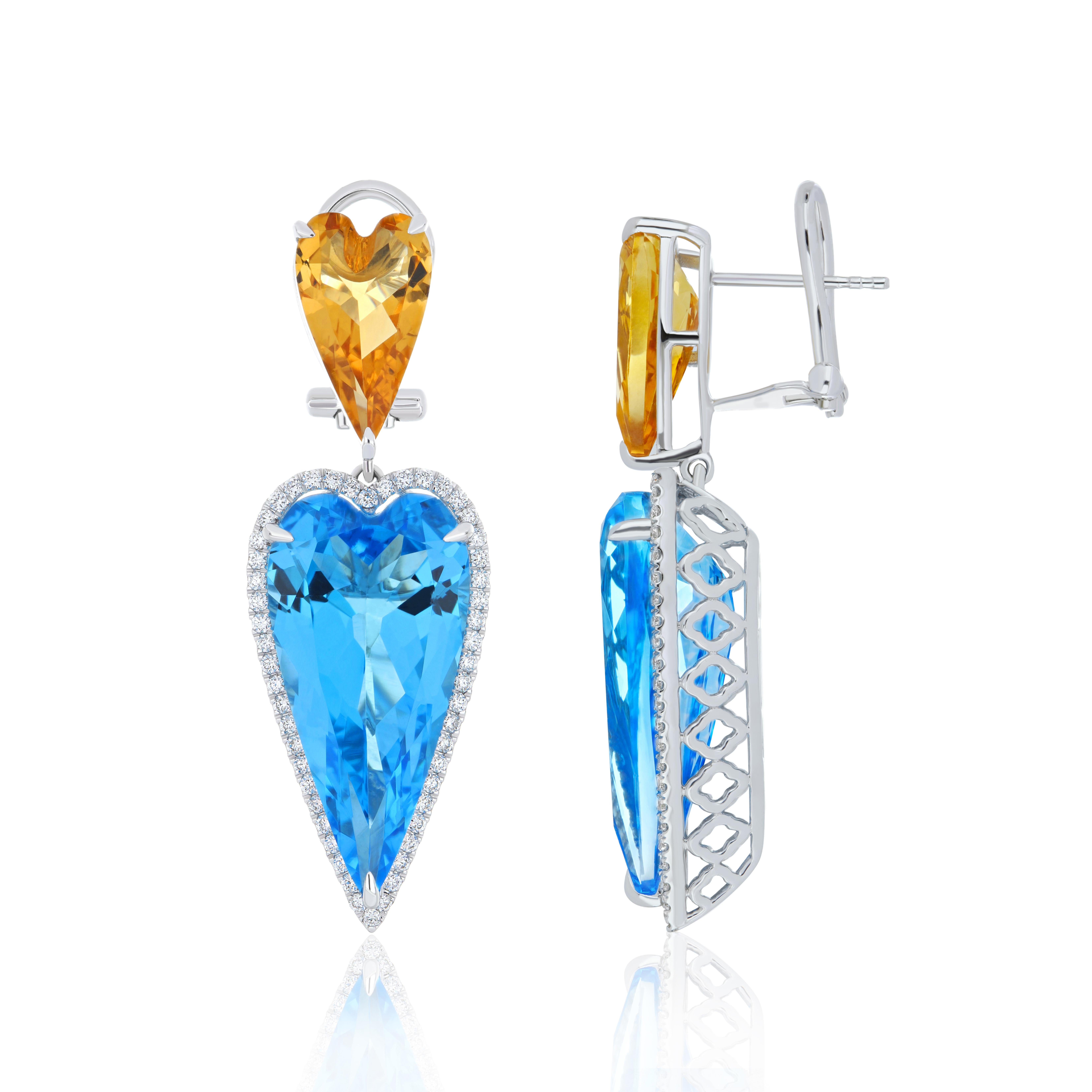 Heart Cut Swiss Blue Topaz, Citrine & Diamond Ring Earring & Pendant Set in 14k Whtie Gold For Sale