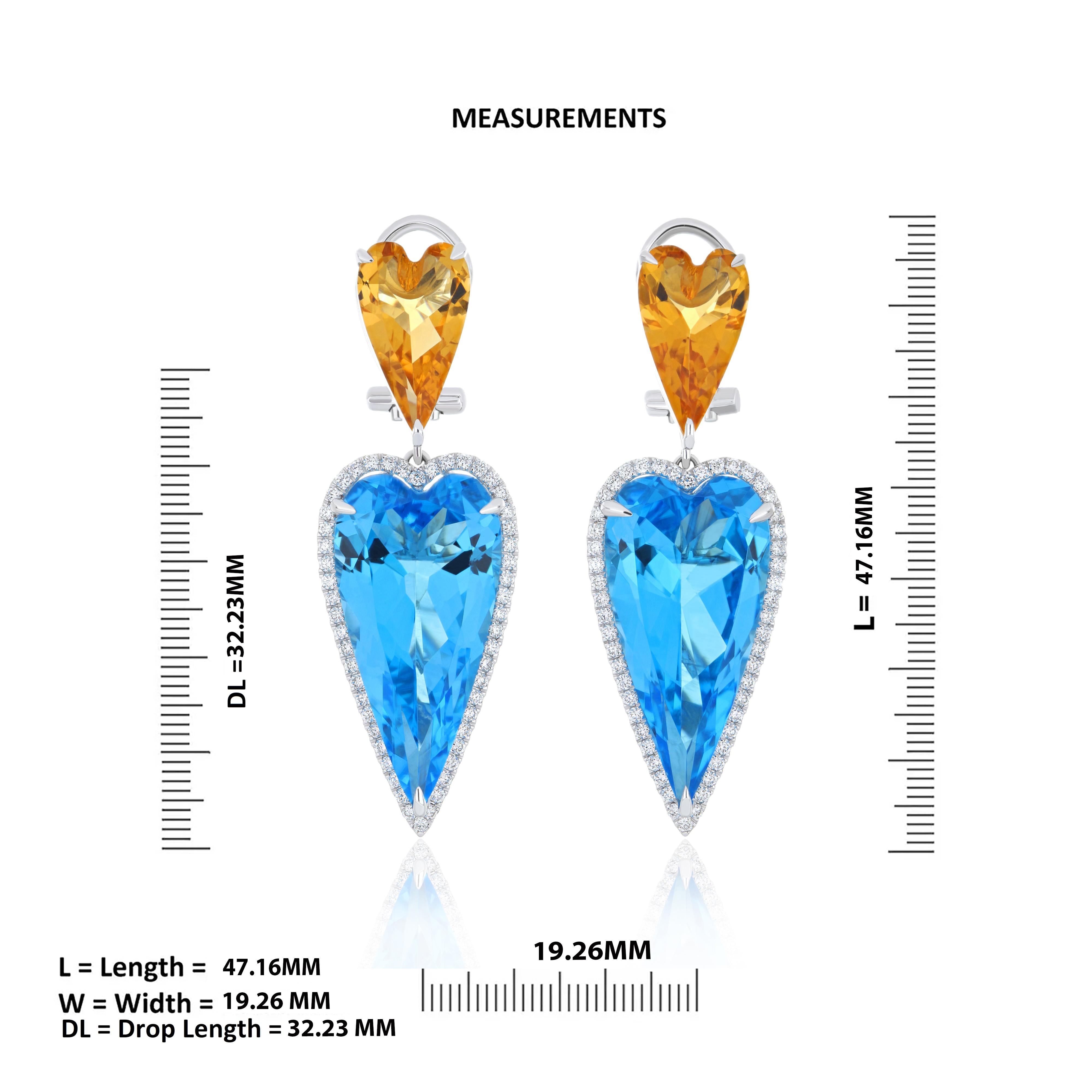 Swiss Blue Topaz, Citrine & Diamond Ring Earring & Pendant Set in 14k Whtie Gold In New Condition For Sale In JAIPUR, IN