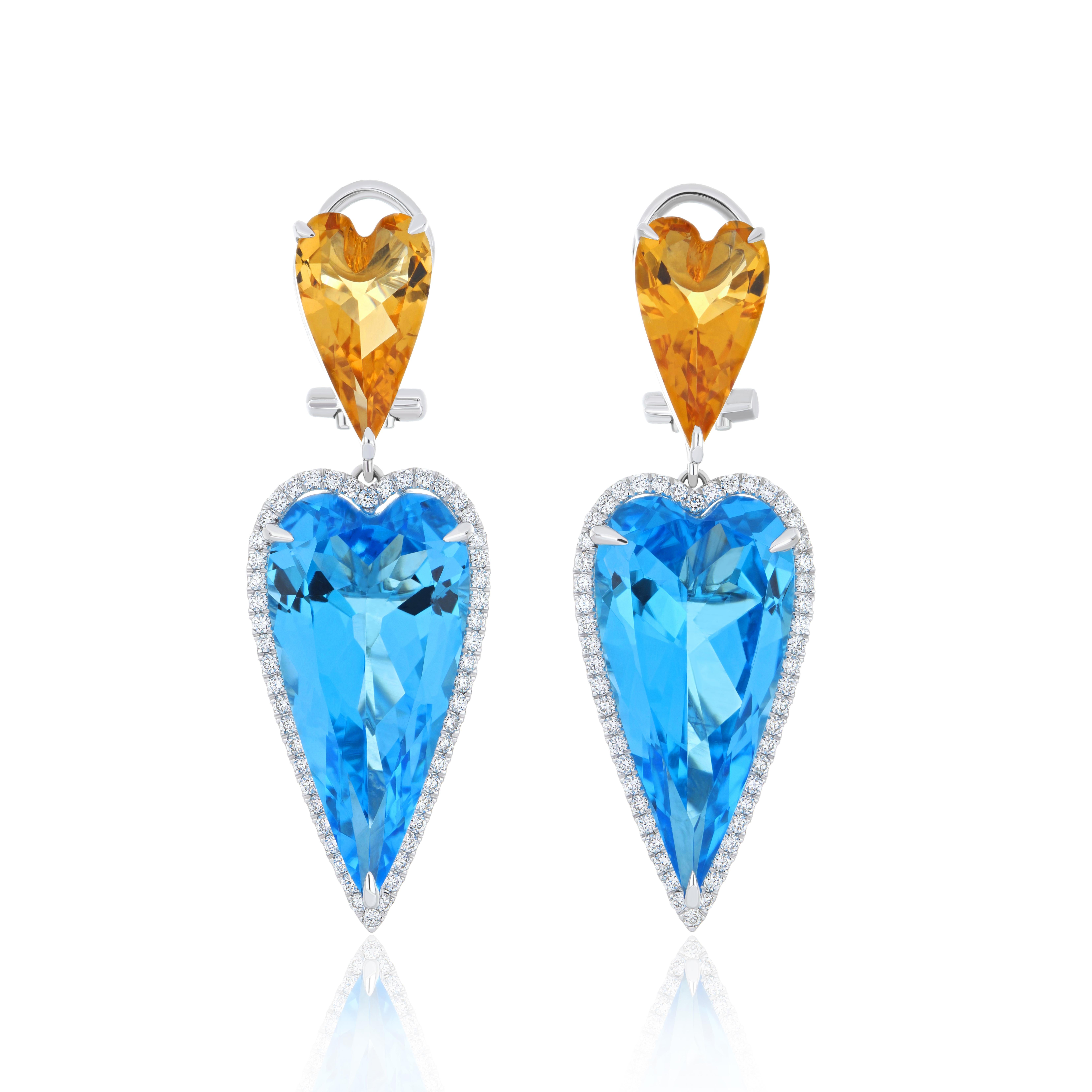 Women's or Men's Swiss Blue Topaz, Citrine & Diamond Ring Earring & Pendant Set in 14k Whtie Gold For Sale