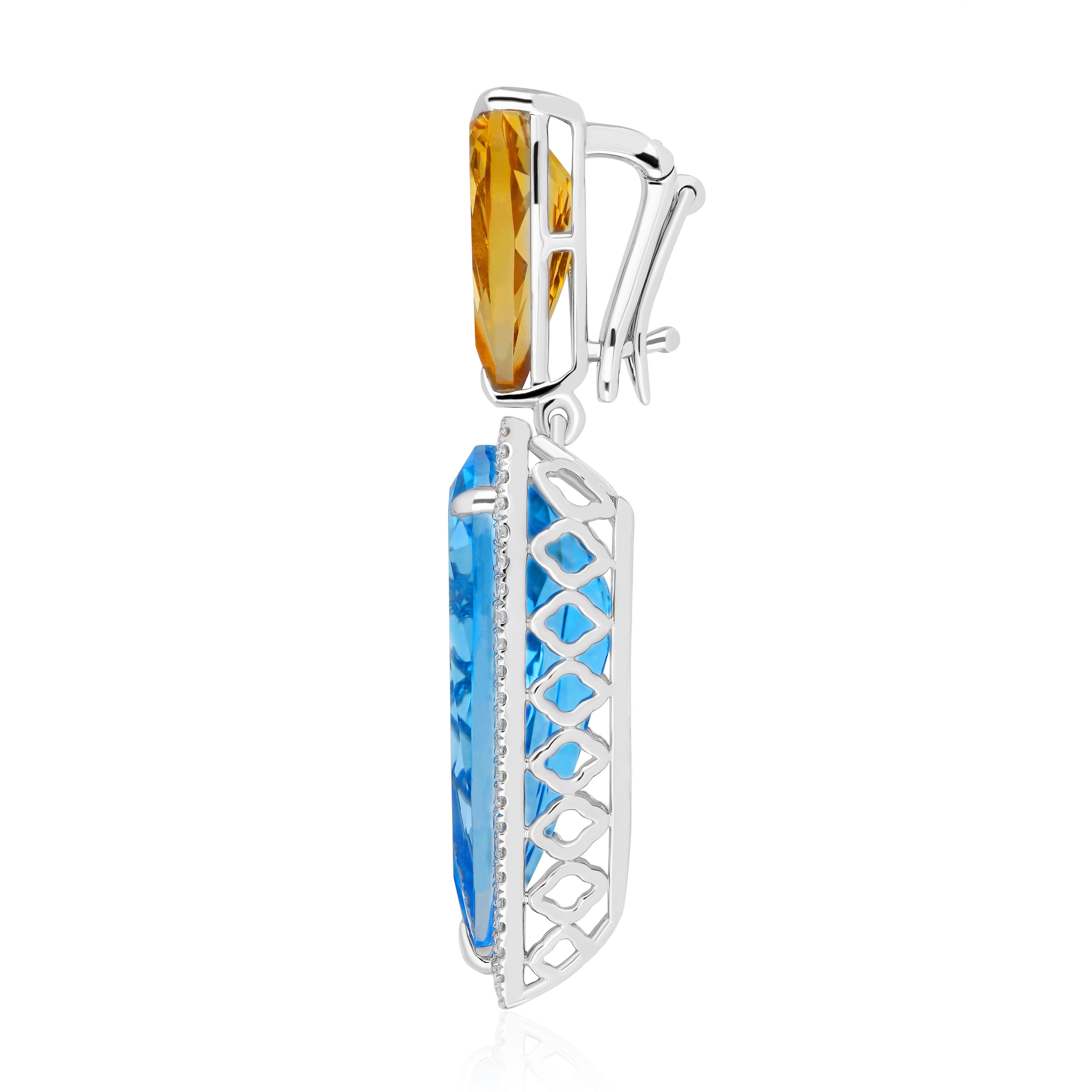 Swiss Blue Topaz, Citrine & Diamond Ring Earring & Pendant Set in 14k Whtie Gold For Sale 1
