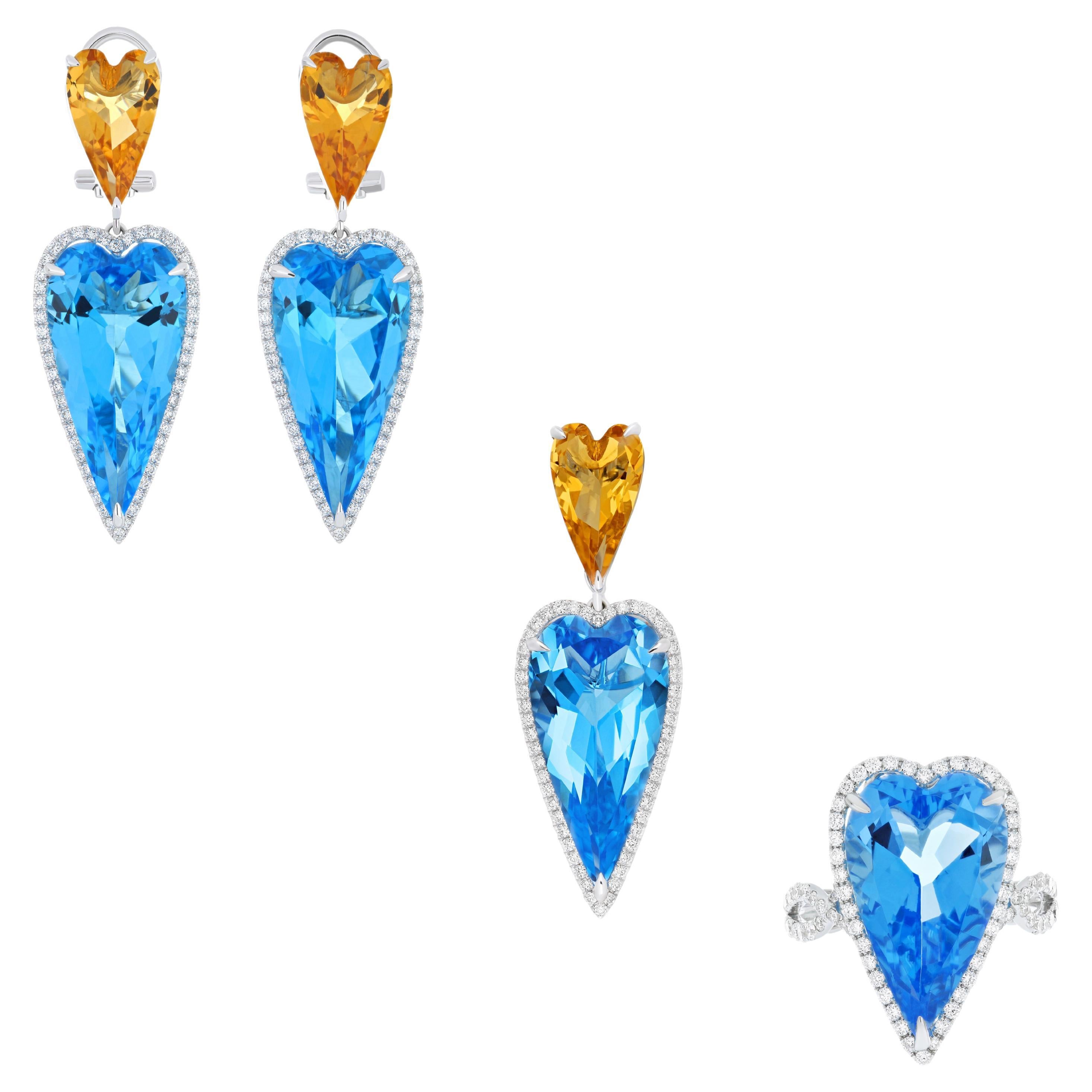 Swiss Blue Topaz, Citrine & Diamond Ring Earring & Pendant Set in 14k Whtie Gold For Sale