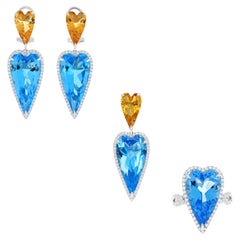 Schweizer Blautopas, Citrin & Diamant Ring Ohrring & Anhänger Set in 14k Whtie Gold