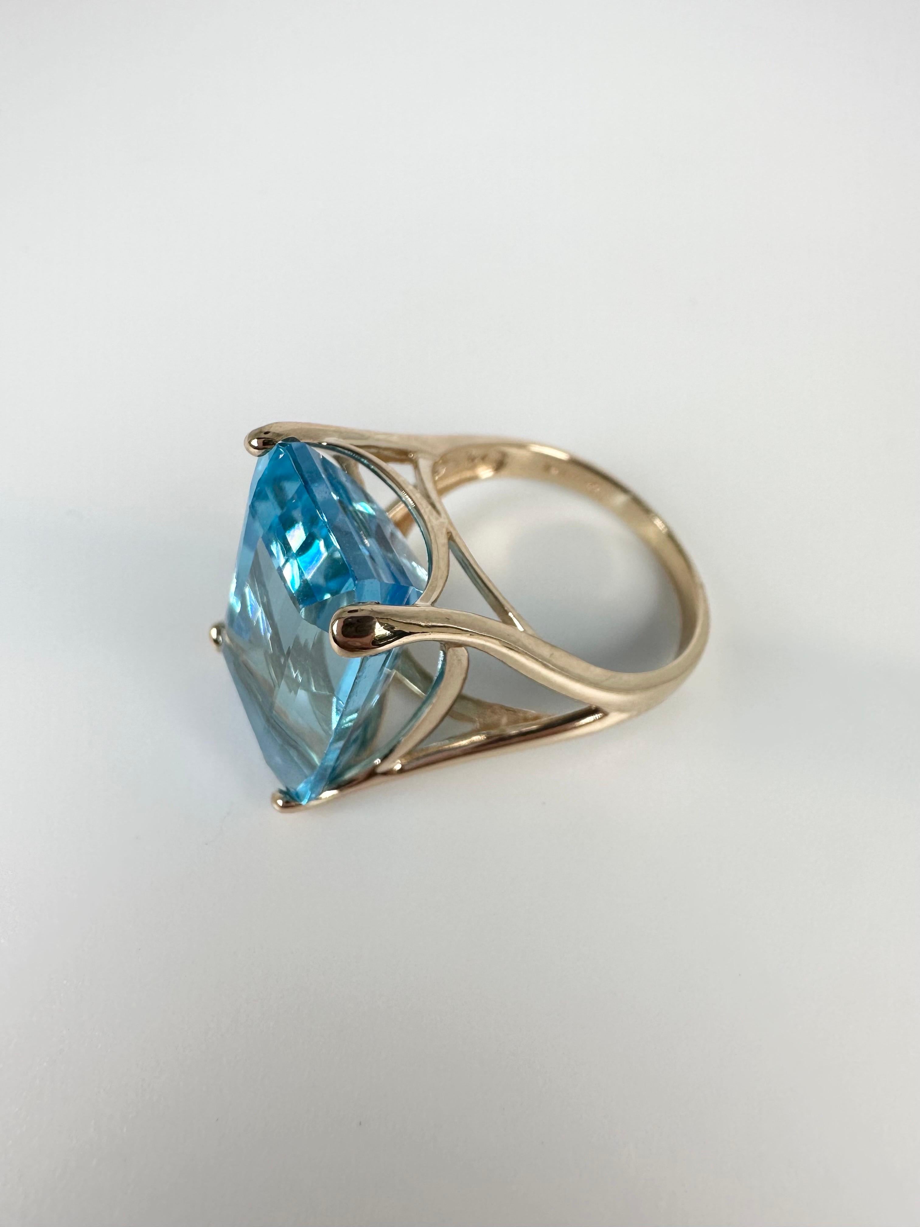 Swiss Blue Topaz Cocktail Ring 14 Karat Yellow Gold Huge Cocktail Ring Gala Ring In New Condition For Sale In Jupiter, FL