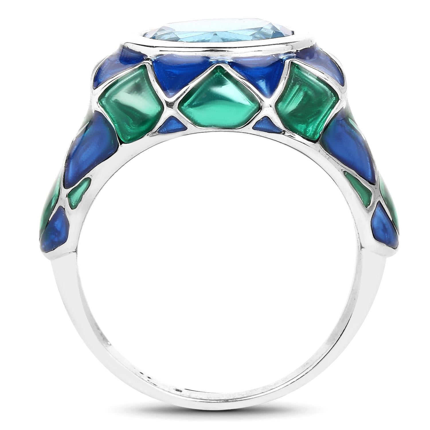 Swiss Blue Topaz Cocktail Ring Blue and Green Enamel 3.25 Carats In Excellent Condition For Sale In Laguna Niguel, CA