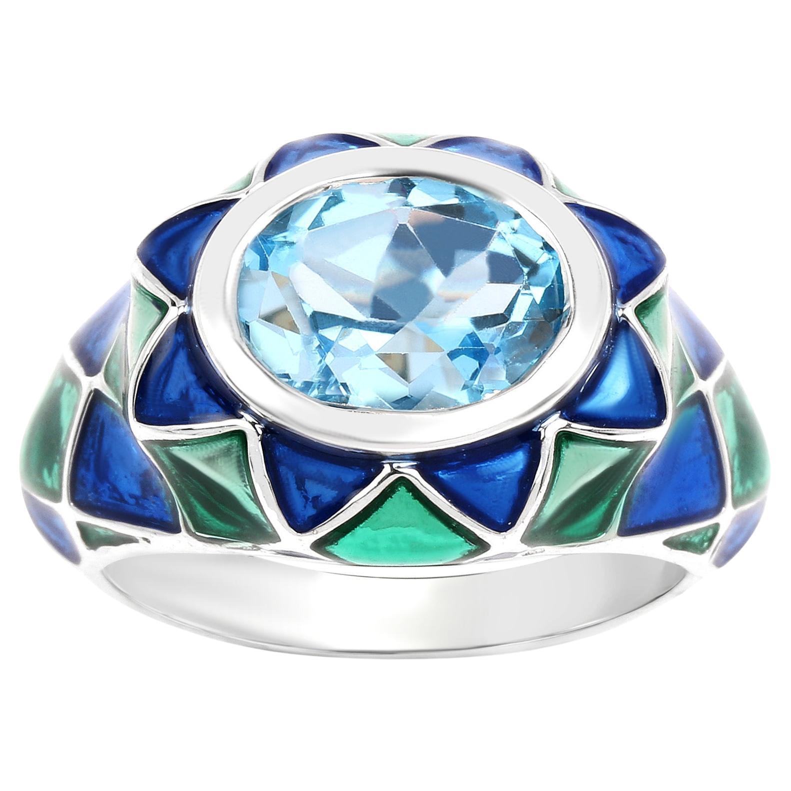 Swiss Blue Topaz Cocktail Ring Blue and Green Enamel 3.25 Carats For Sale
