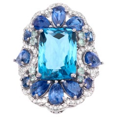 Swiss Blue Topaz Cocktail Ring Kyanites Amethysts Diamonds 14 Carats
