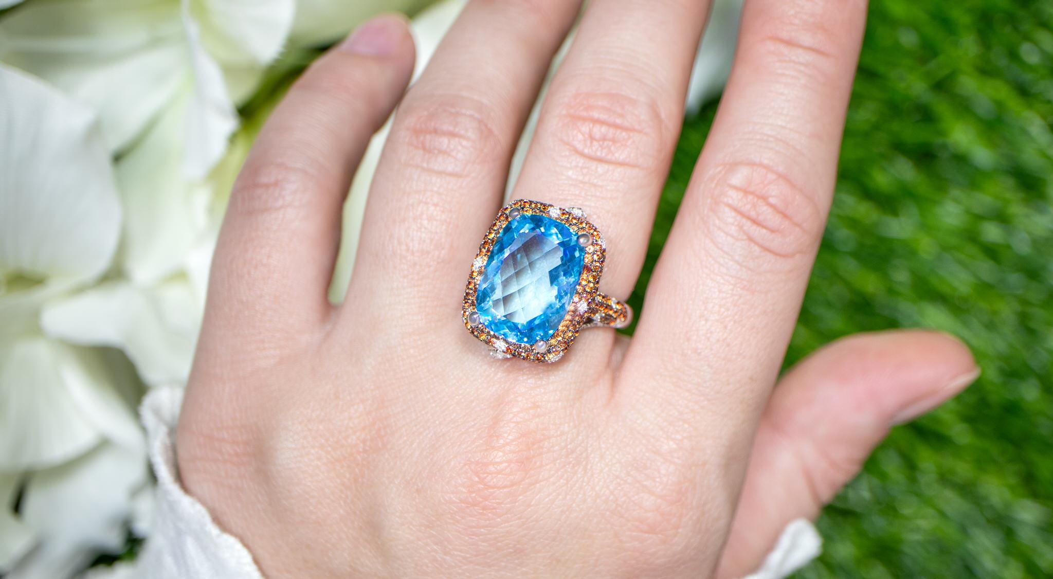 Cushion Cut Swiss Blue Topaz Cocktail Ring Sapphires Diamonds 13.4 Carats 18K Gold For Sale