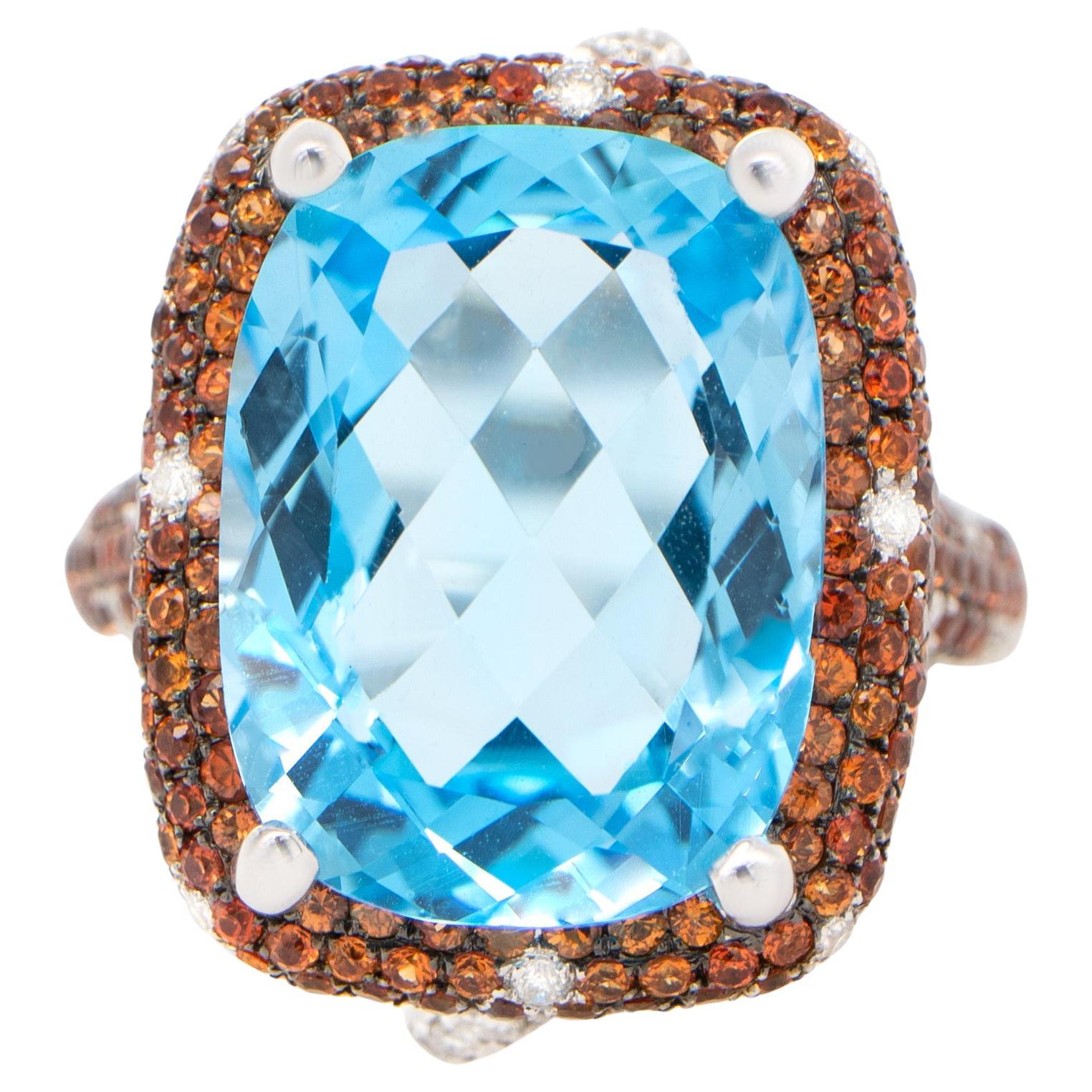 Swiss Blue Topaz Cocktail Ring Sapphires Diamonds 13.4 Carats 18K Gold For Sale