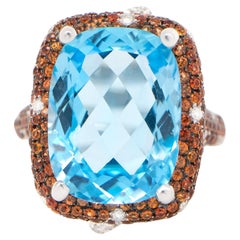 Swiss Blue Topaz Cocktail Ring Sapphires Diamonds 13.4 Carats 18K Gold