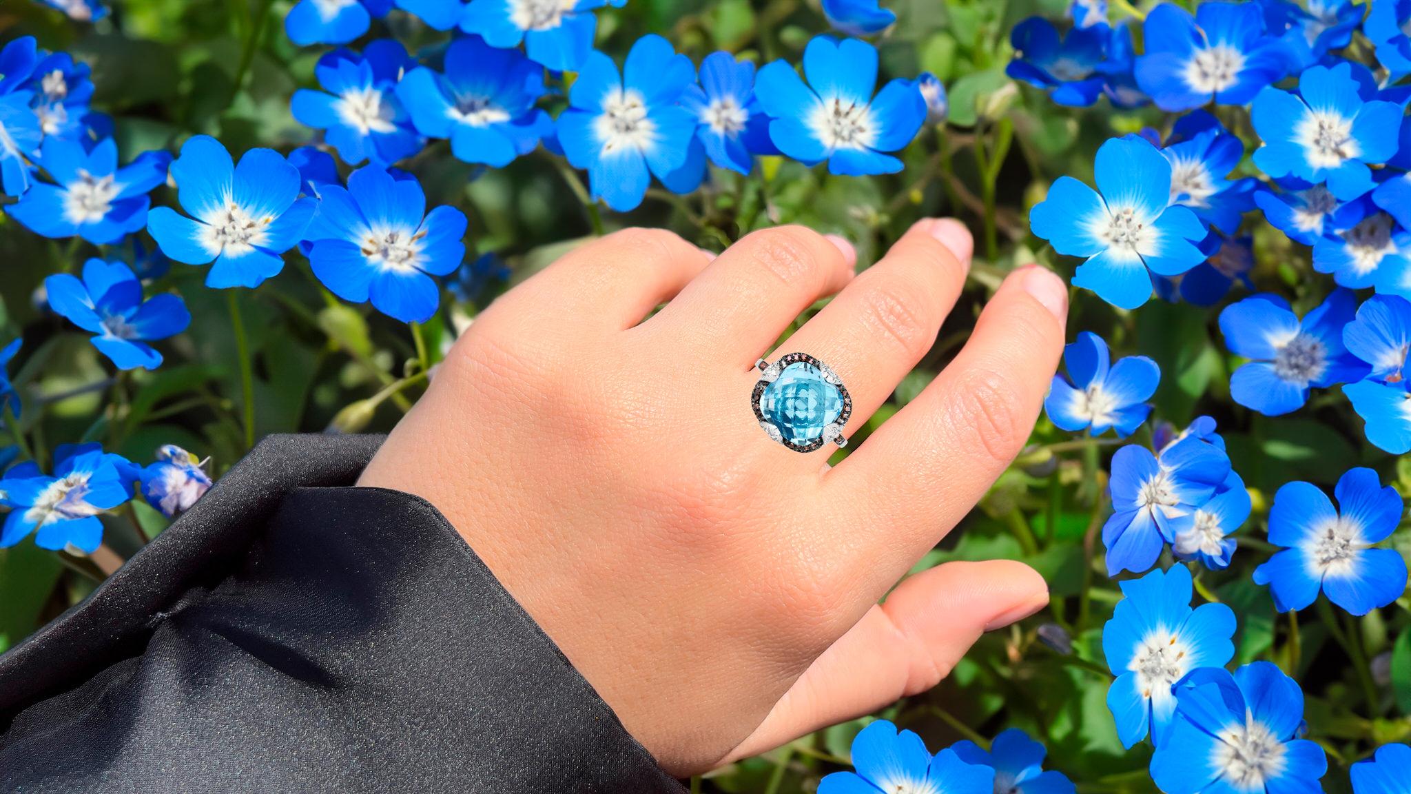 Contemporary Swiss Blue Topaz Cocktail Ring With Diamonds 8.37 Carats For Sale