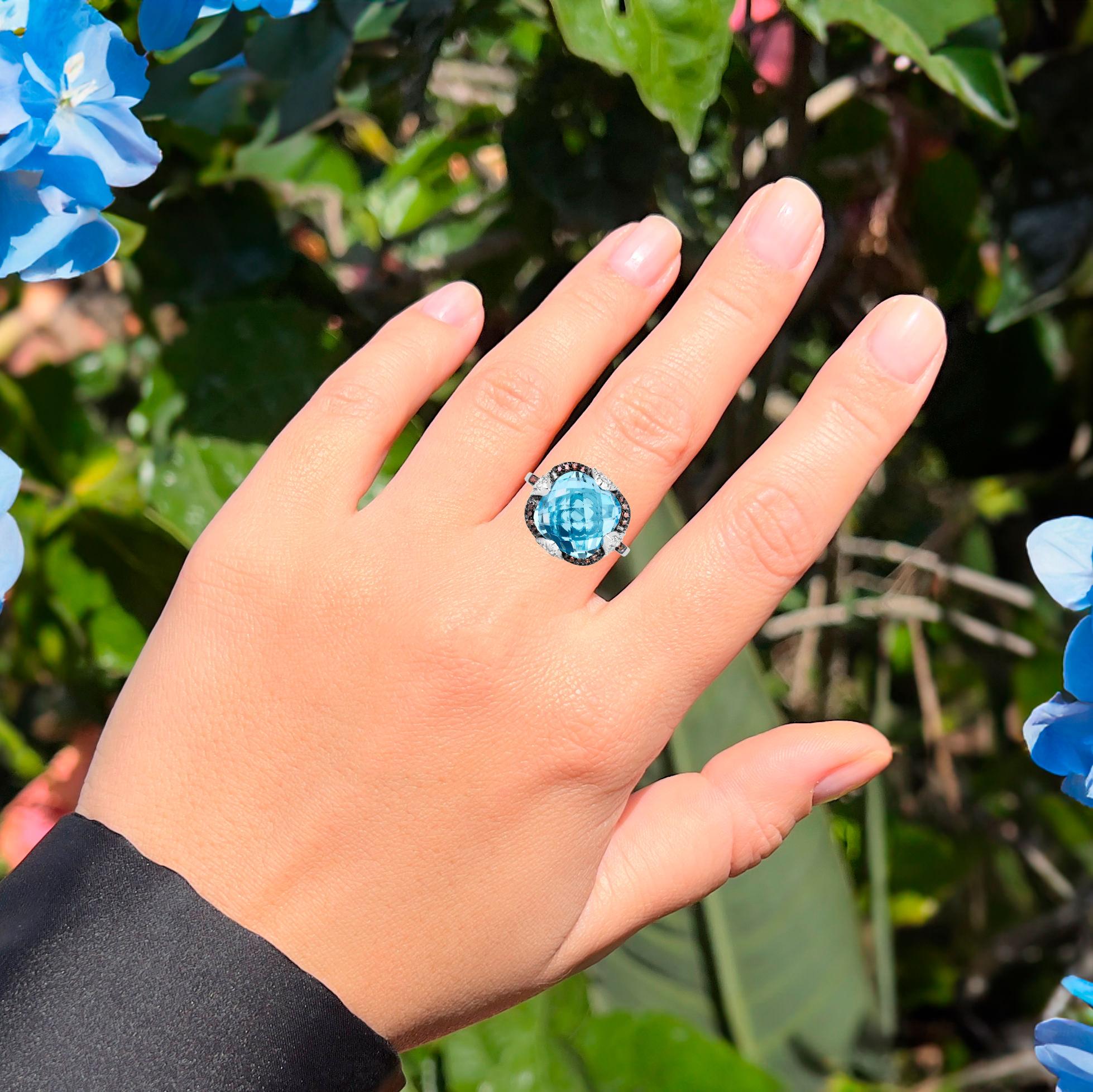 Rose Cut Swiss Blue Topaz Cocktail Ring With Diamonds 8.37 Carats For Sale