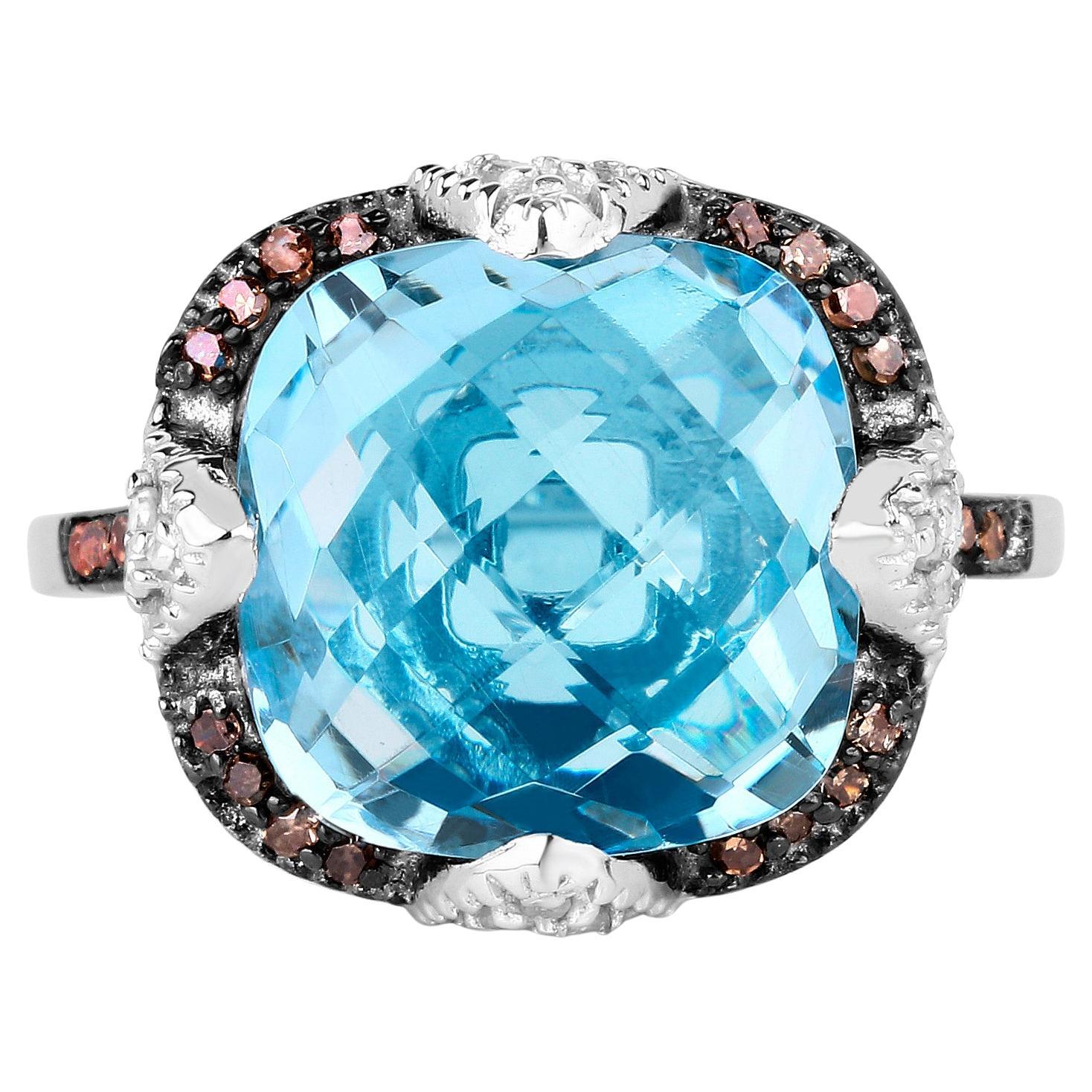 Swiss Blue Topaz Cocktail Ring With Diamonds 8.37 Carats