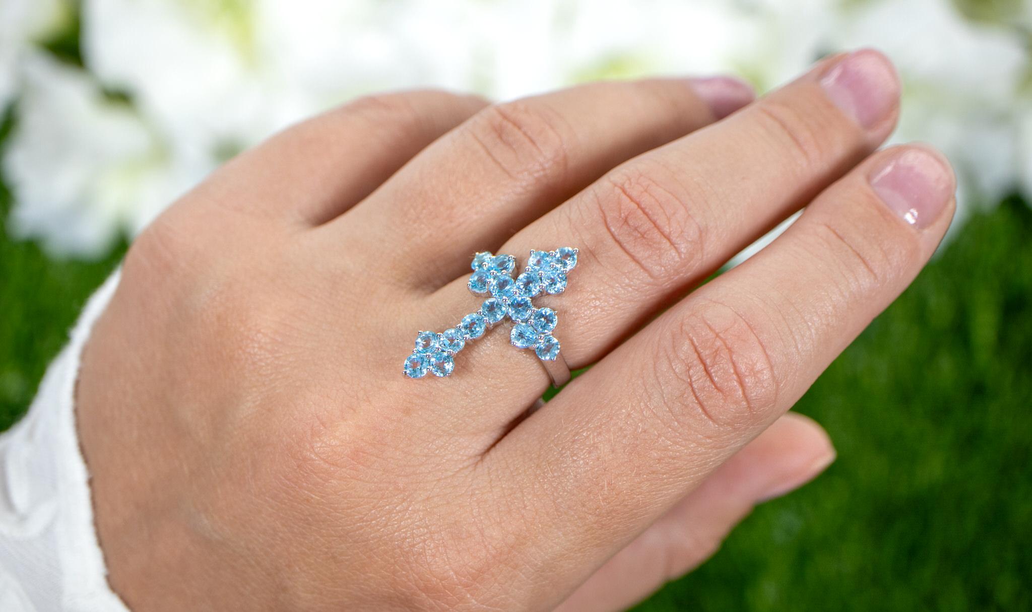 Contemporary Swiss Blue Topaz Cross Ring 2.18 Carats For Sale