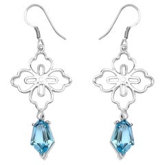 Swiss Blue Topaz Dangle Earrings 12.8 Carats Rhodium Plated Silver