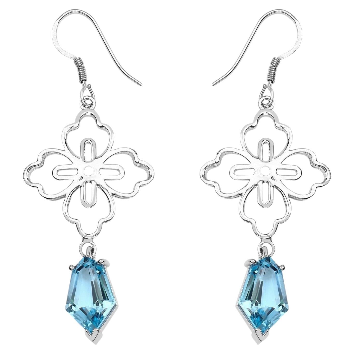 Swiss Blue Topaz Dangle Earrings 12.8 Carats Rhodium Plated Silver For Sale