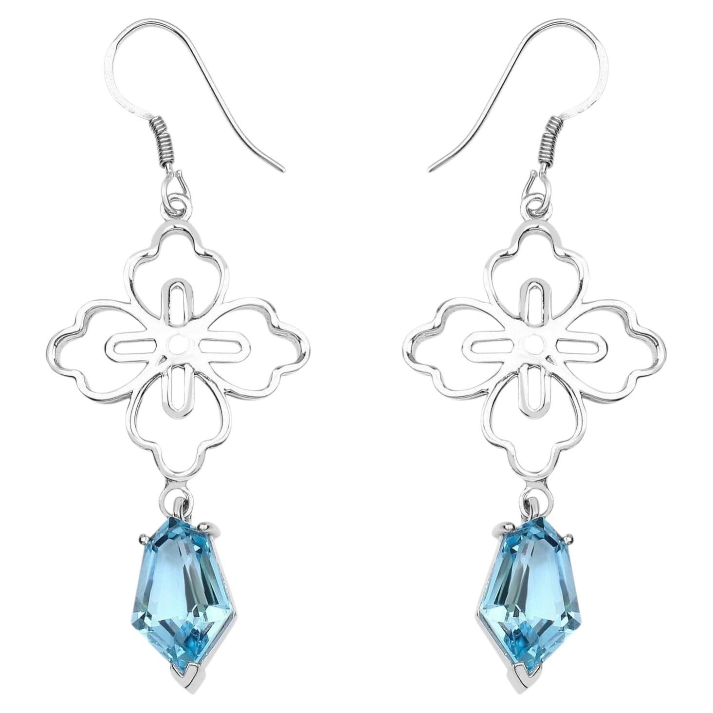 Swiss Blue Topaz Dangle Earrings 12.8 Carats Rhodium Plated Silver