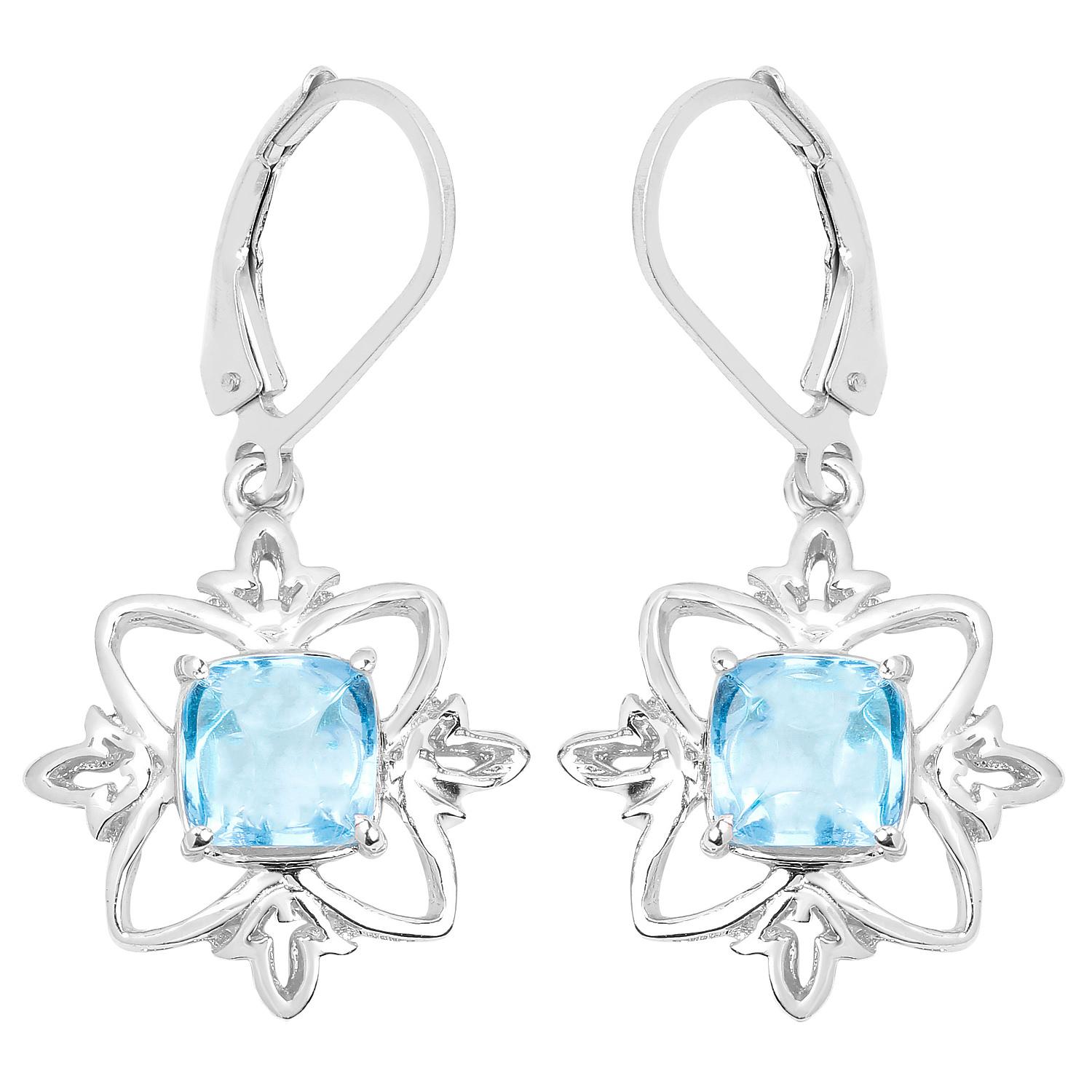 Mixed Cut Swiss Blue Topaz Dangle Earrings 5.3 Carats Rhodium Plated Silver For Sale
