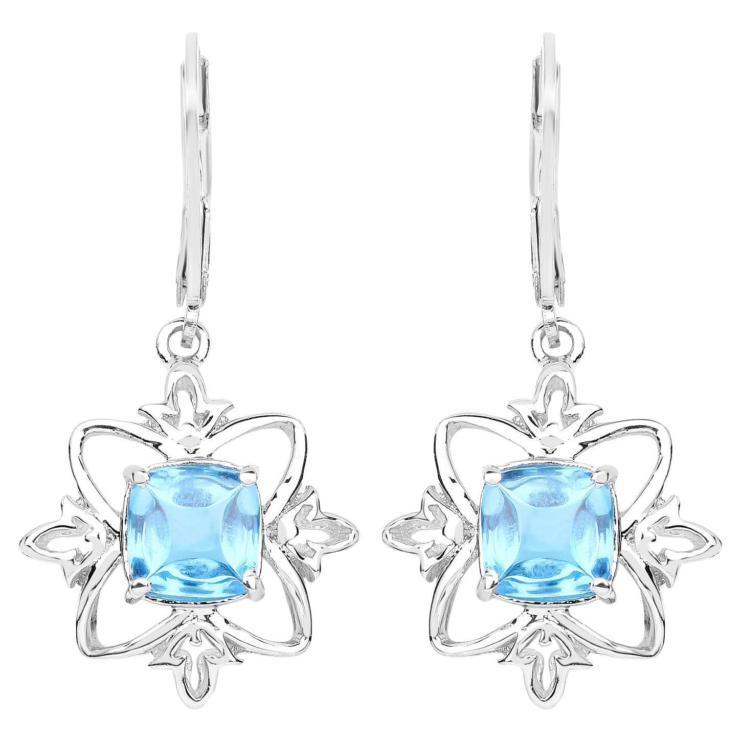 Swiss Blue Topaz Dangle Earrings 5.3 Carats Rhodium Plated Silver For Sale