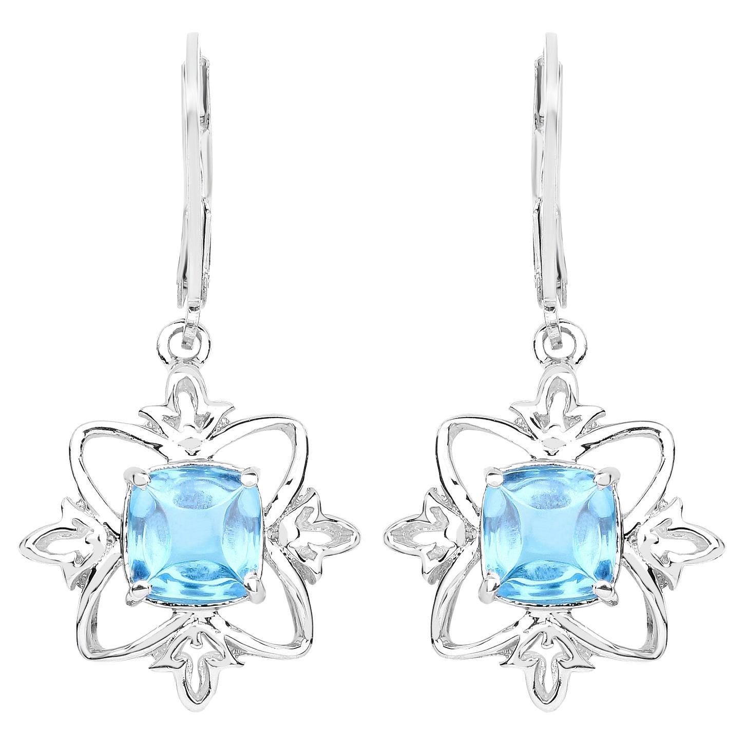 Swiss Blue Topaz Dangle Earrings 5.3 Carats Rhodium Plated Silver For Sale