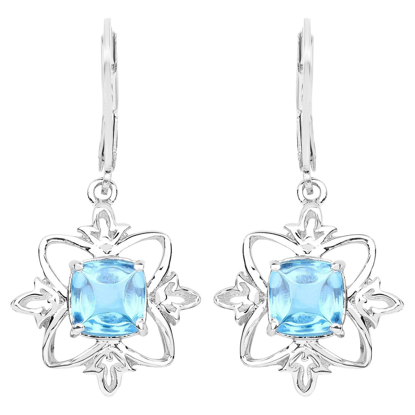 Swiss Blue Topaz Dangle Earrings 5.3 Carats Rhodium Plated Silver